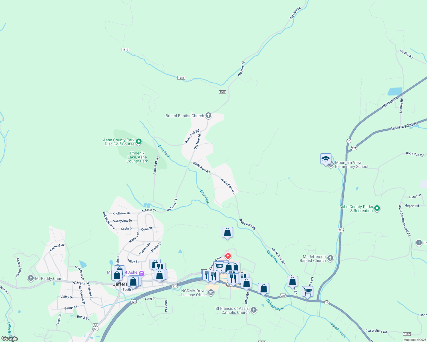 map of restaurants, bars, coffee shops, grocery stores, and more near 123 Bower Calloway Road in Jefferson