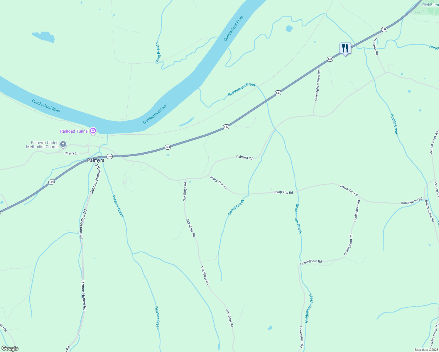 map of restaurants, bars, coffee shops, grocery stores, and more near 2971 Sharp Top Road in Palmyra
