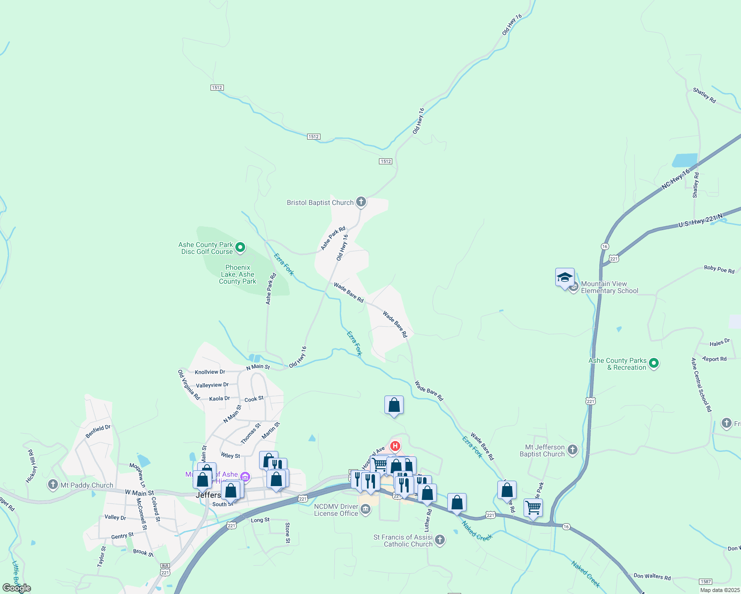 map of restaurants, bars, coffee shops, grocery stores, and more near 123 Bower Calloway Road in Jefferson