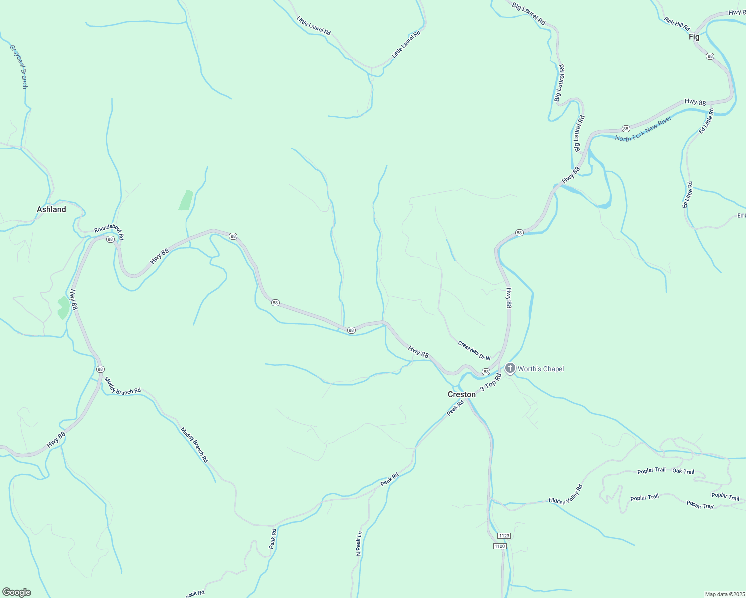 map of restaurants, bars, coffee shops, grocery stores, and more near 14614 North Carolina 88 in Creston