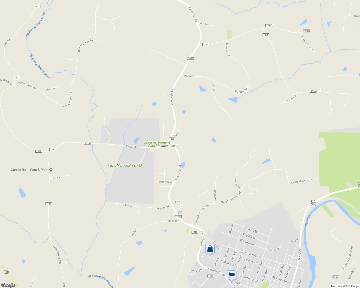 map of restaurants, bars, coffee shops, grocery stores, and more near 2145 Ayersville Road in Mayodan
