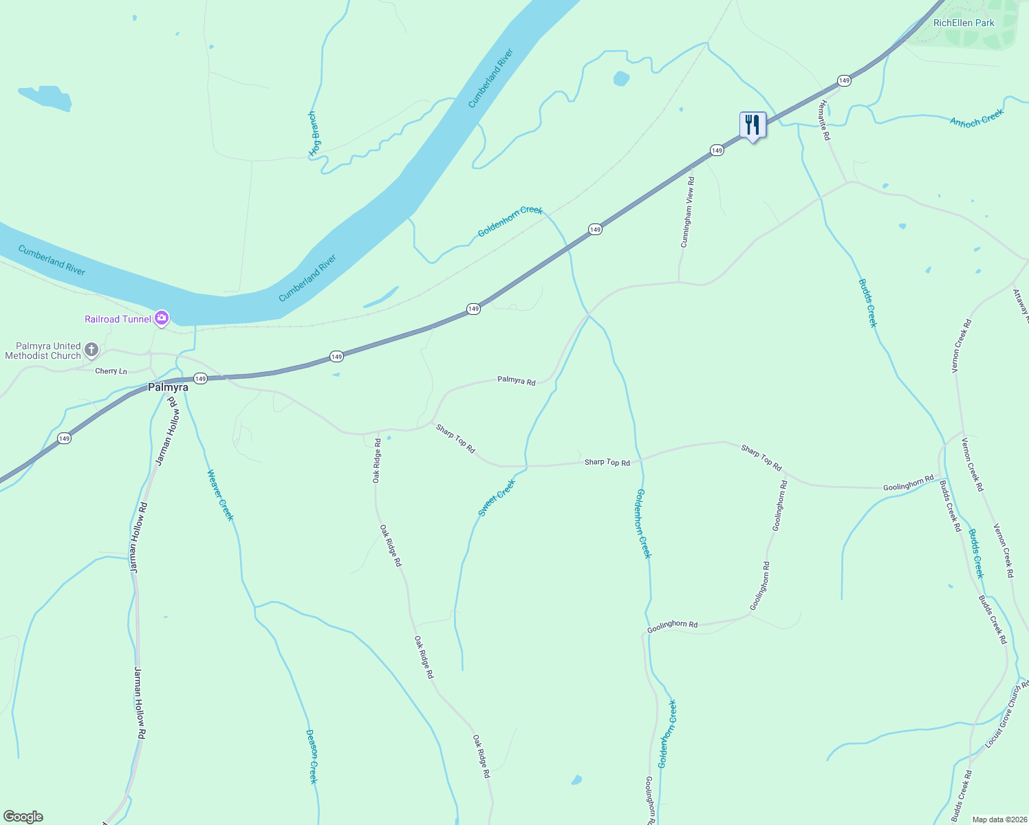 map of restaurants, bars, coffee shops, grocery stores, and more near 2118 Palmyra Road in Palmyra