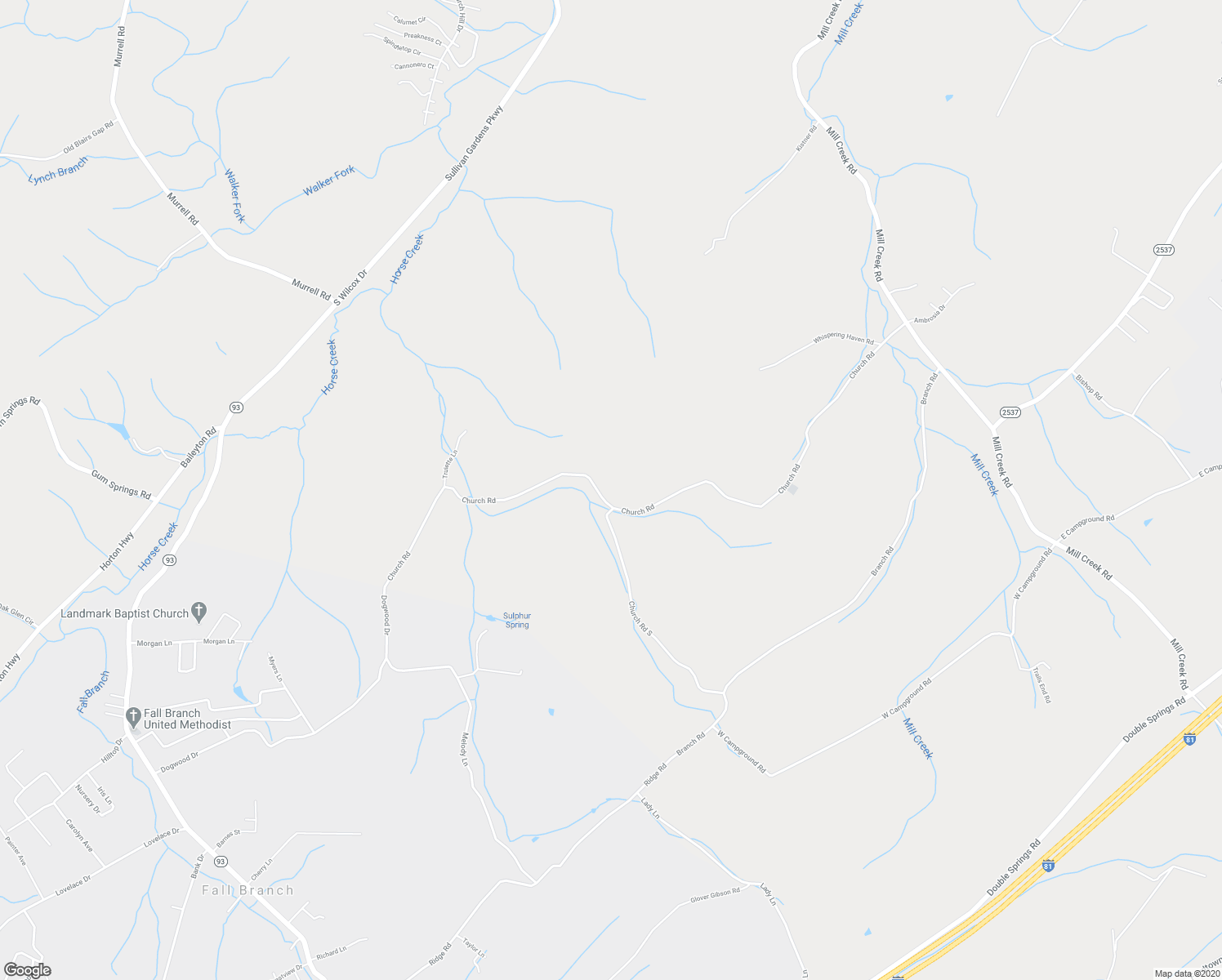 map of restaurants, bars, coffee shops, grocery stores, and more near 744 Church Road in Fall Branch