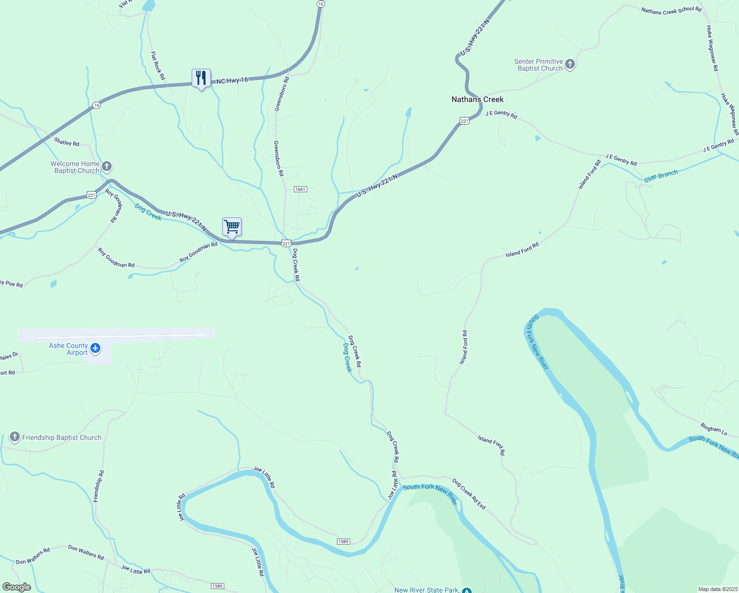 map of restaurants, bars, coffee shops, grocery stores, and more near 537 Dog Creek Road in Crumpler