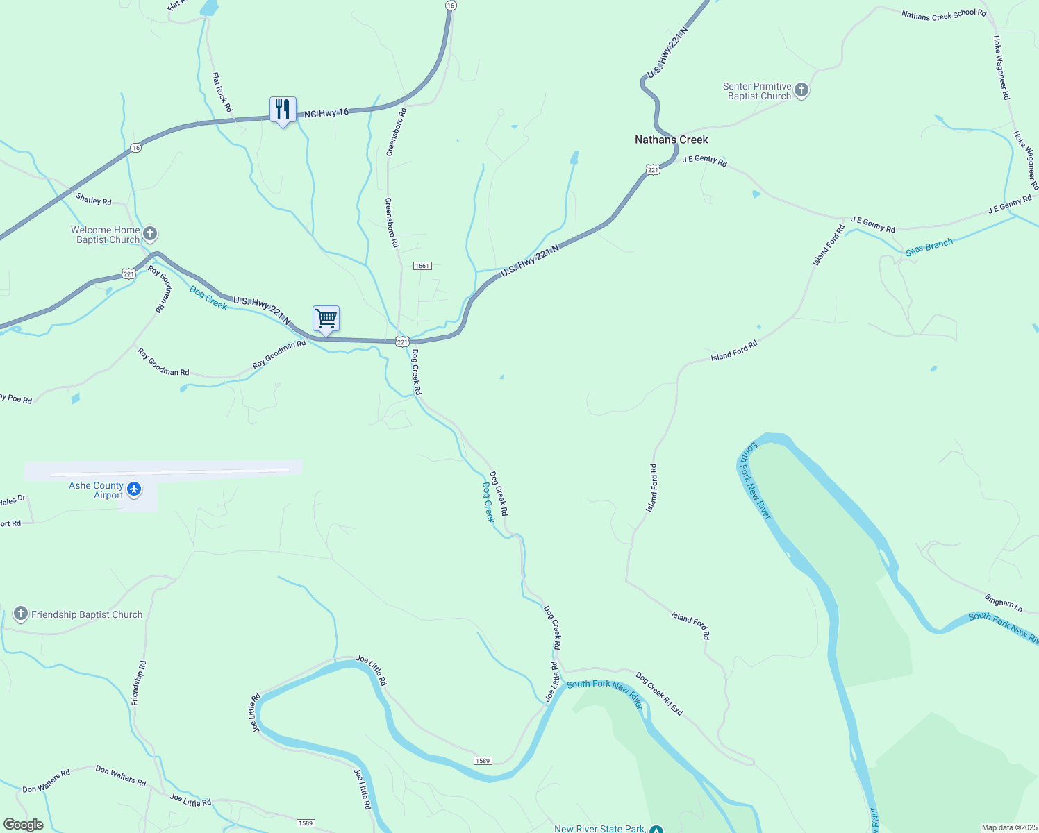 map of restaurants, bars, coffee shops, grocery stores, and more near 537 Dog Creek Road in Crumpler