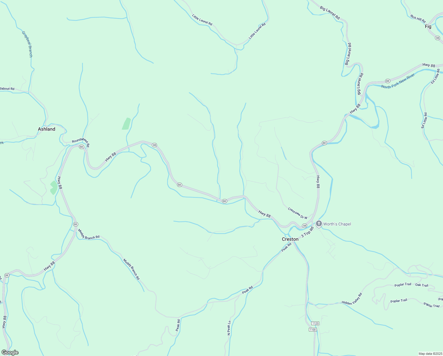 map of restaurants, bars, coffee shops, grocery stores, and more near Baker Hollow Road in Creston