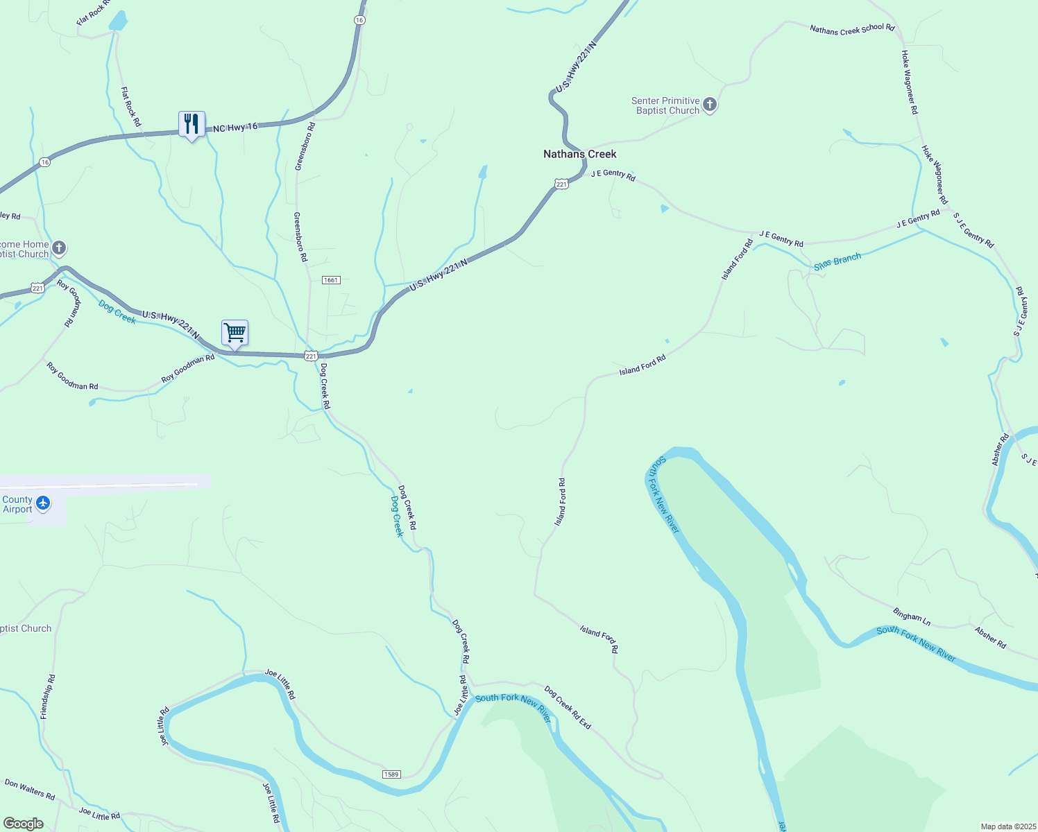 map of restaurants, bars, coffee shops, grocery stores, and more near 1076 Island Ford Road in Crumpler