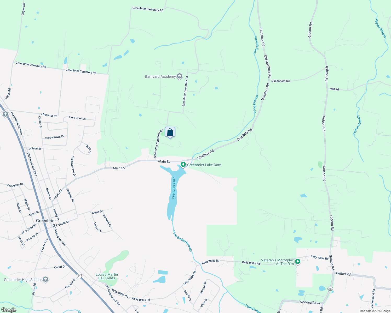 map of restaurants, bars, coffee shops, grocery stores, and more near 2502 Distillery Road in Greenbrier