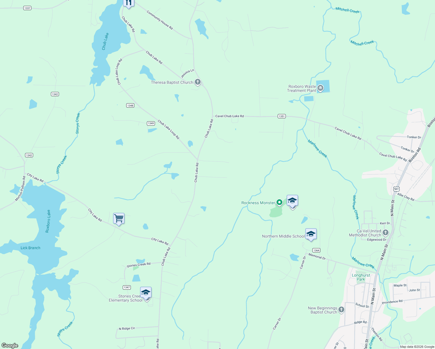 map of restaurants, bars, coffee shops, grocery stores, and more near 175 Roxdale Place in Roxboro