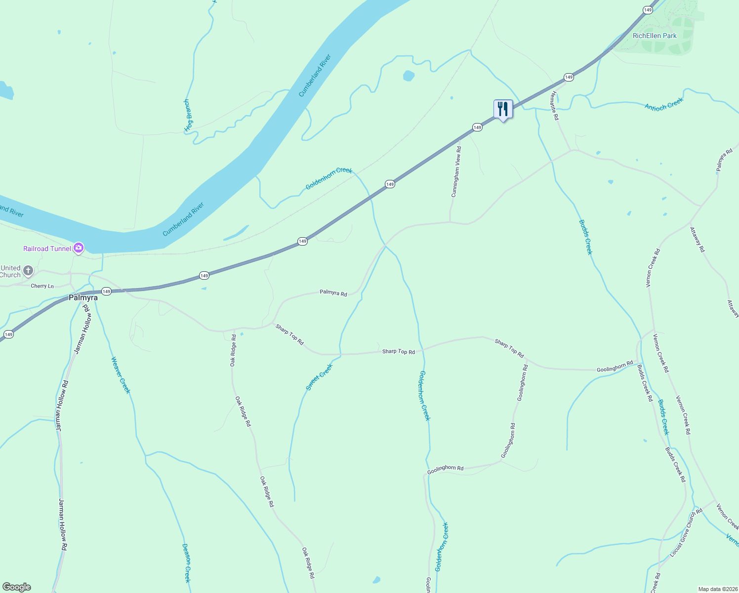 map of restaurants, bars, coffee shops, grocery stores, and more near 2118 Palmyra Road in Palmyra