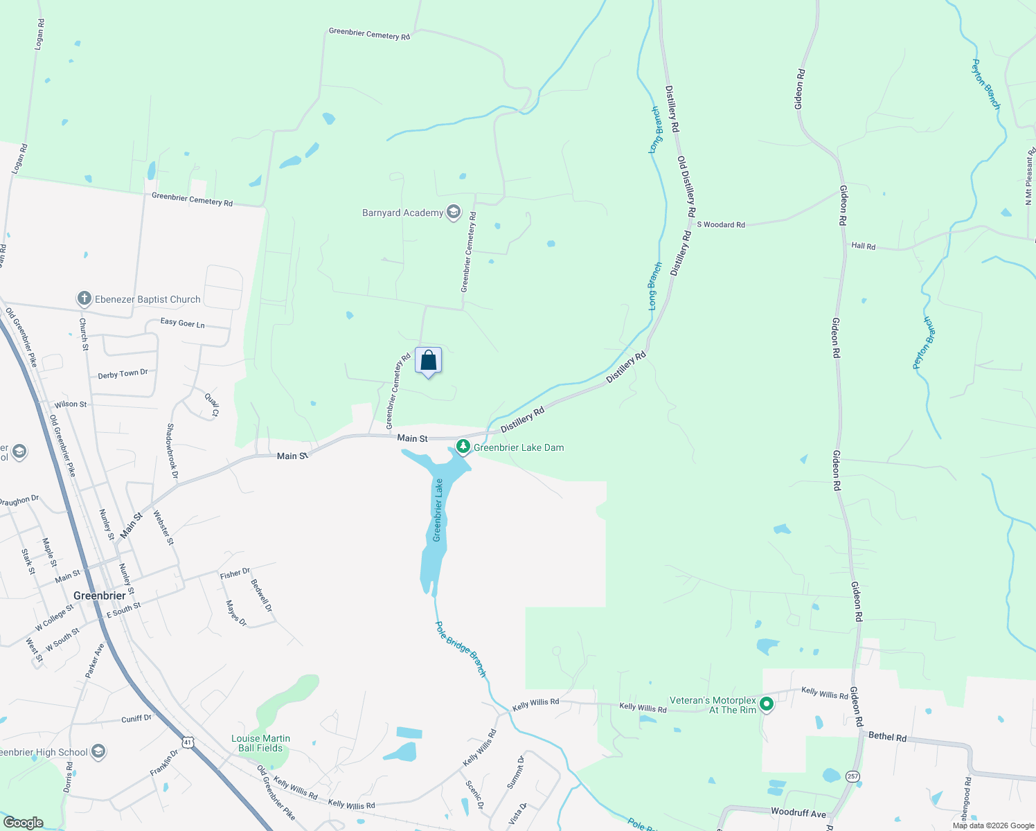 map of restaurants, bars, coffee shops, grocery stores, and more near 2502 Distillery Road in Greenbrier