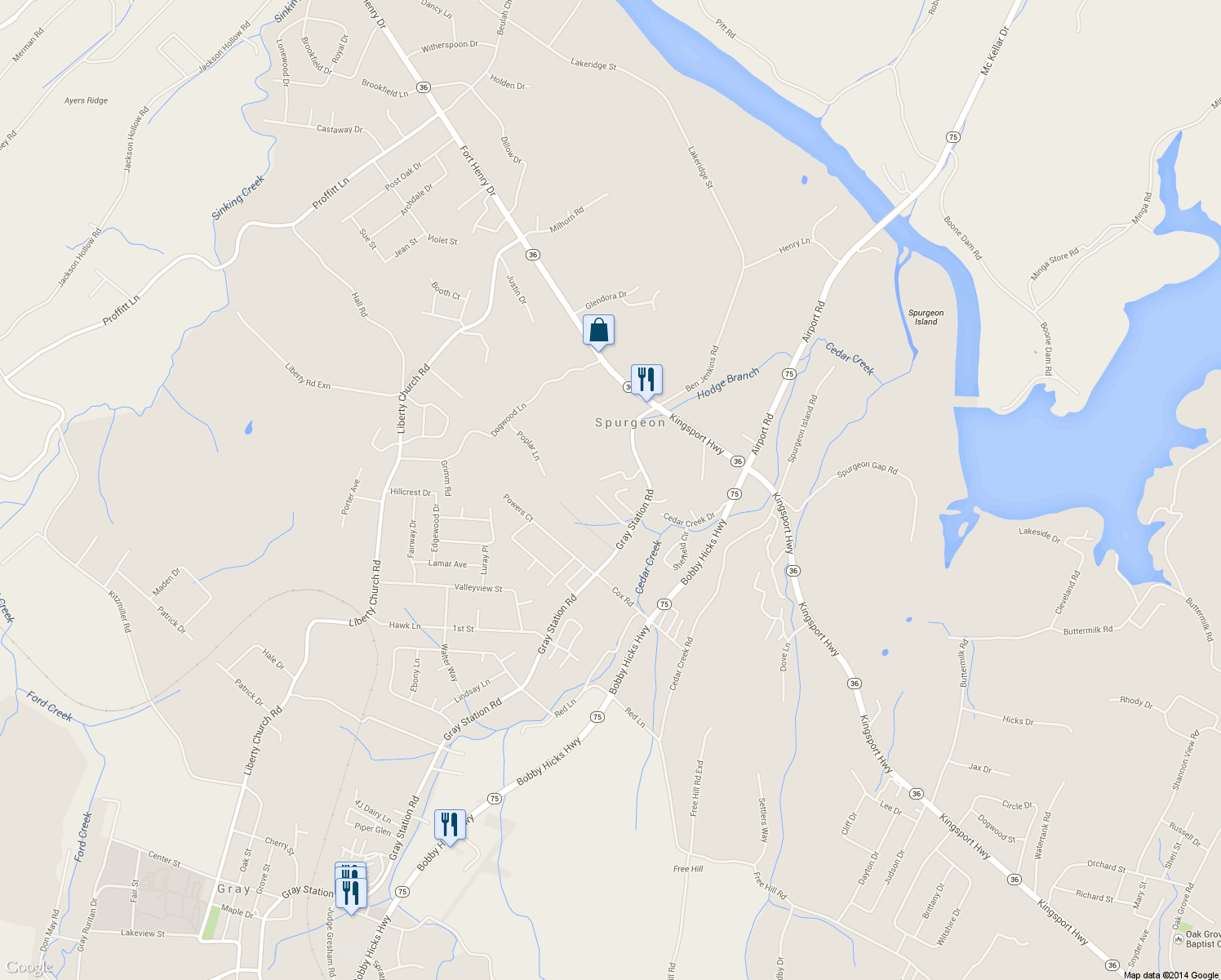 map of restaurants, bars, coffee shops, grocery stores, and more near 118 Patrick Lane in Gray