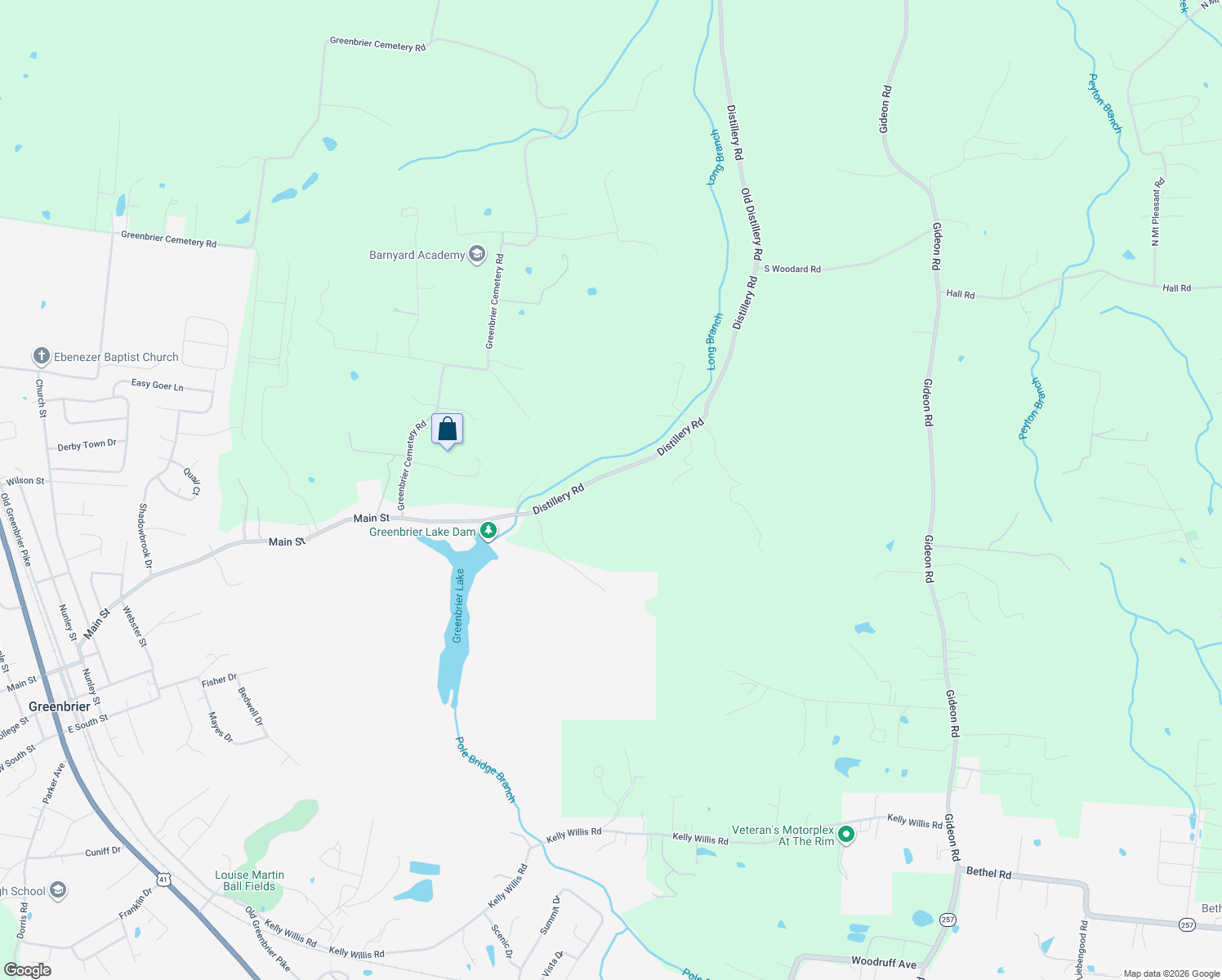 map of restaurants, bars, coffee shops, grocery stores, and more near 2573 Distillery Road in Greenbrier