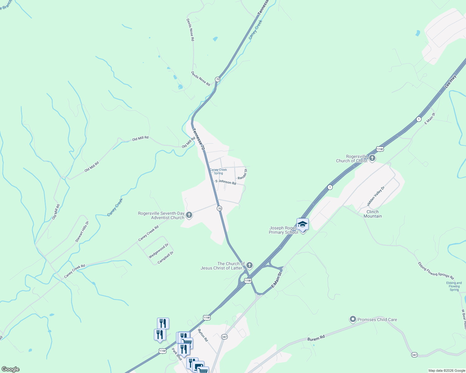 map of restaurants, bars, coffee shops, grocery stores, and more near 434 South Johnson Road in Rogersville