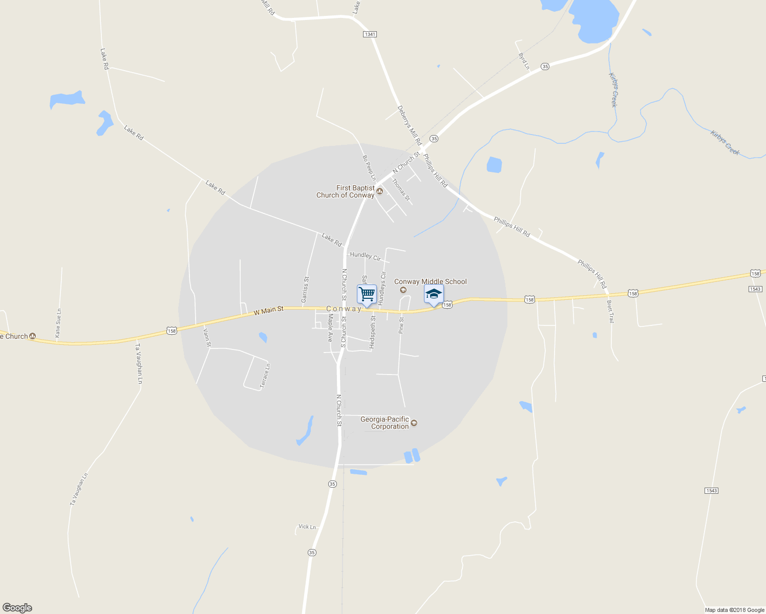 map of restaurants, bars, coffee shops, grocery stores, and more near 304 East Main Street in Conway
