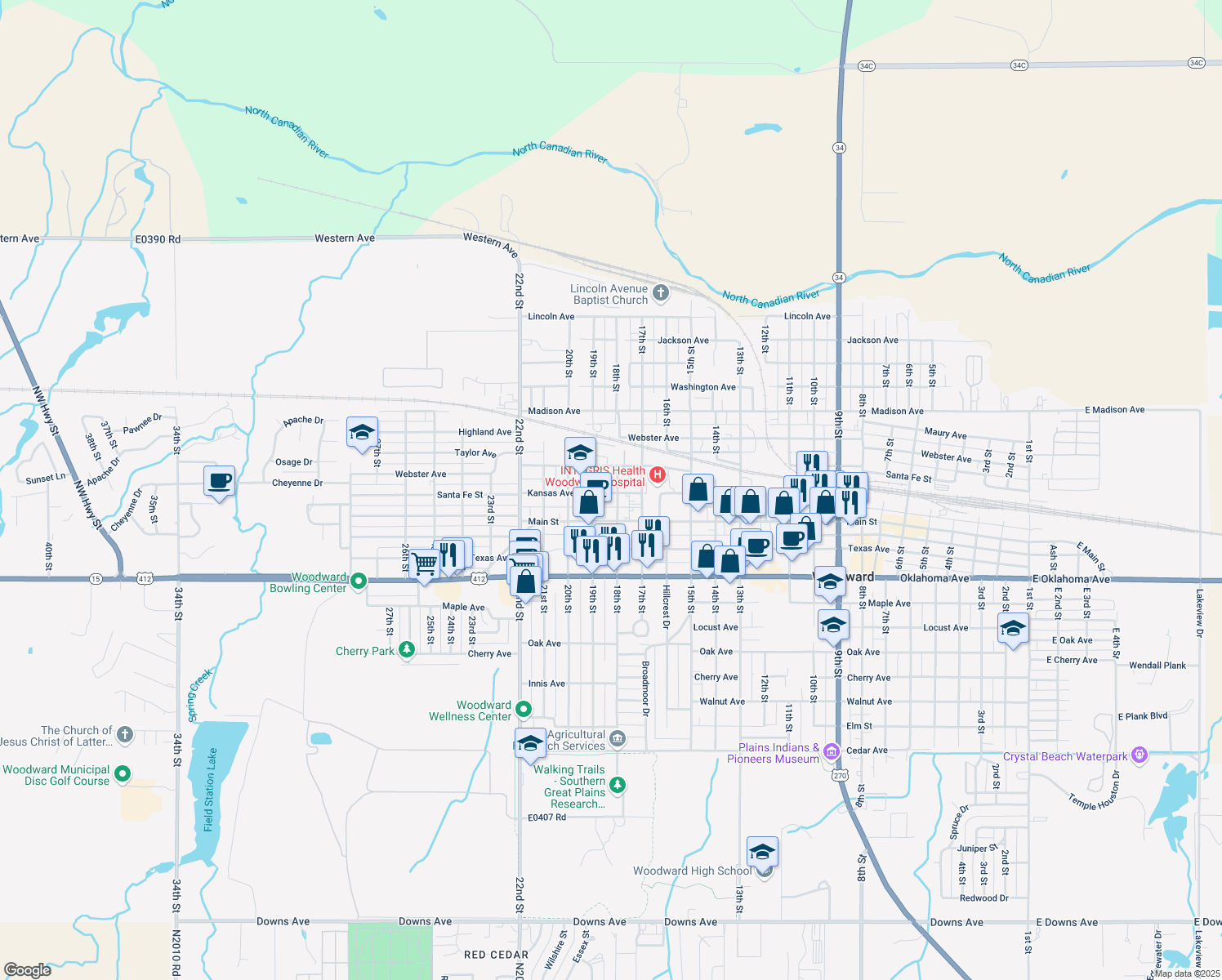 map of restaurants, bars, coffee shops, grocery stores, and more near 998 18th Street in Woodward