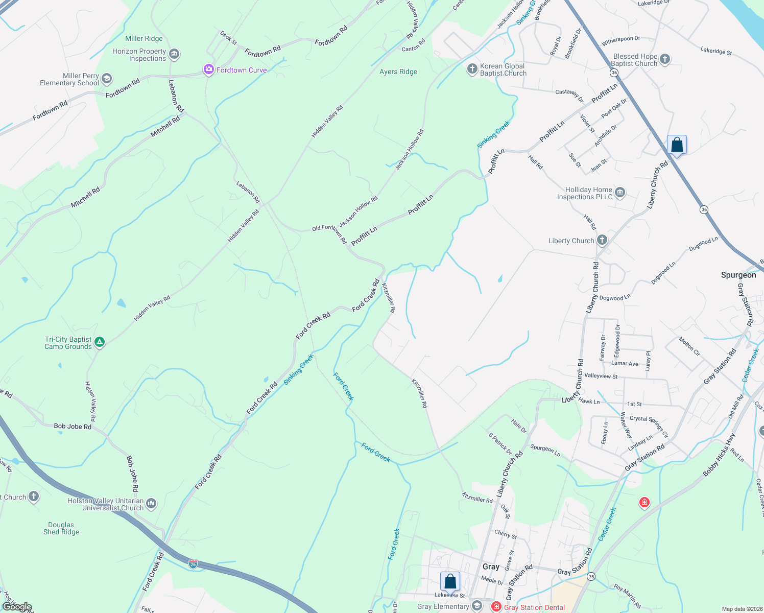map of restaurants, bars, coffee shops, grocery stores, and more near 419 Kitzmiller Road in Gray