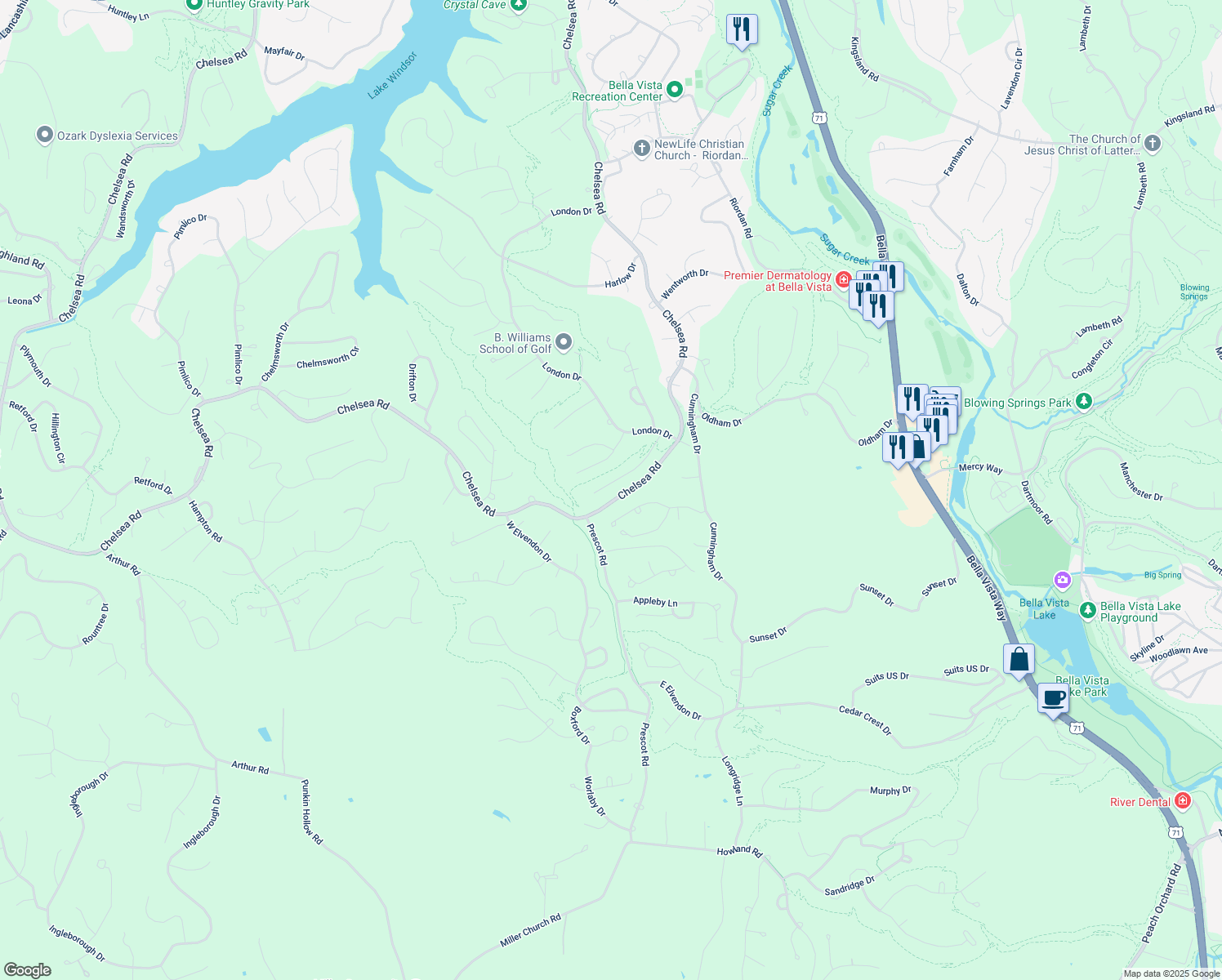 map of restaurants, bars, coffee shops, grocery stores, and more near 29 Ilford Lane in Bella Vista