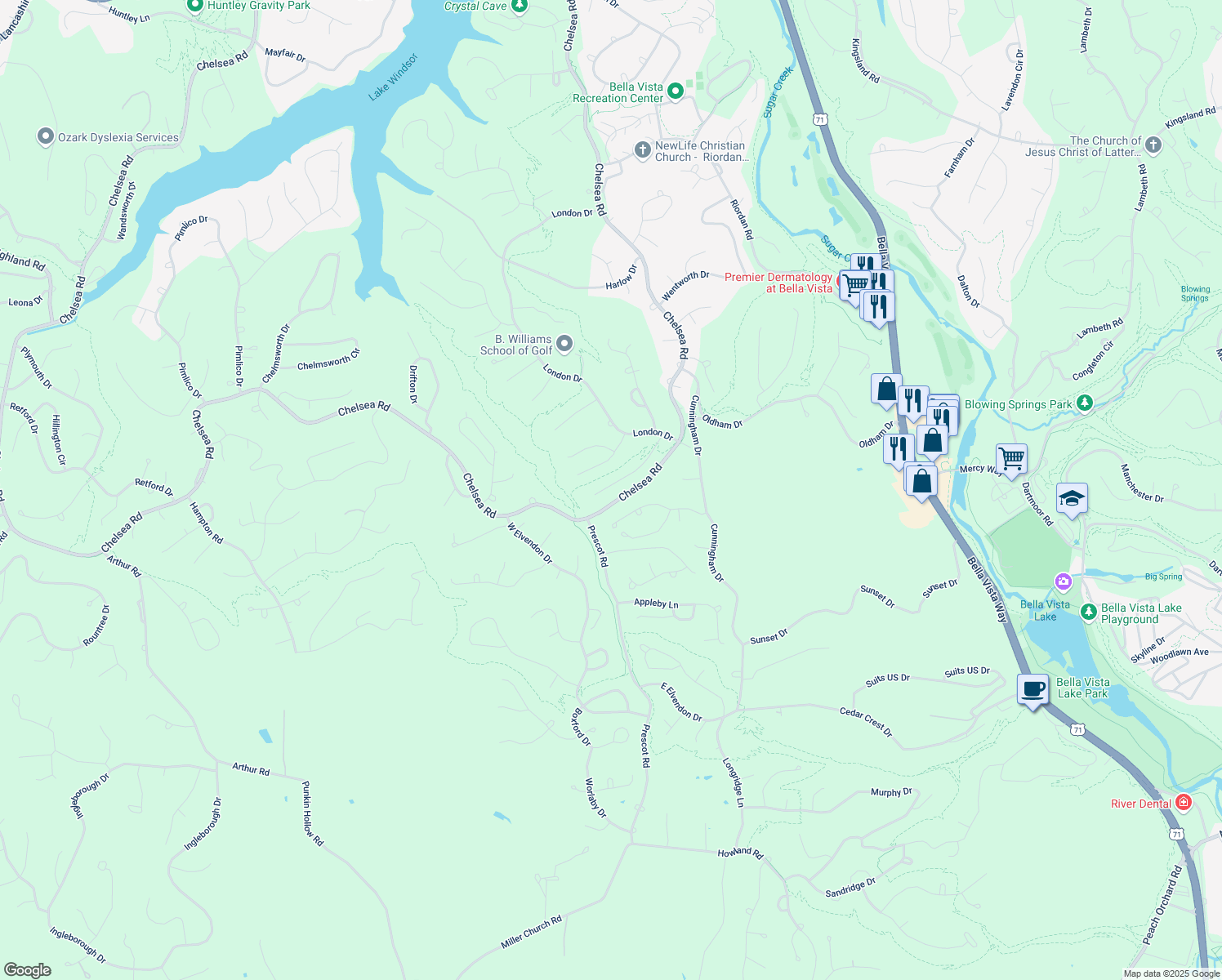 map of restaurants, bars, coffee shops, grocery stores, and more near 29 Ilford Lane in Bella Vista