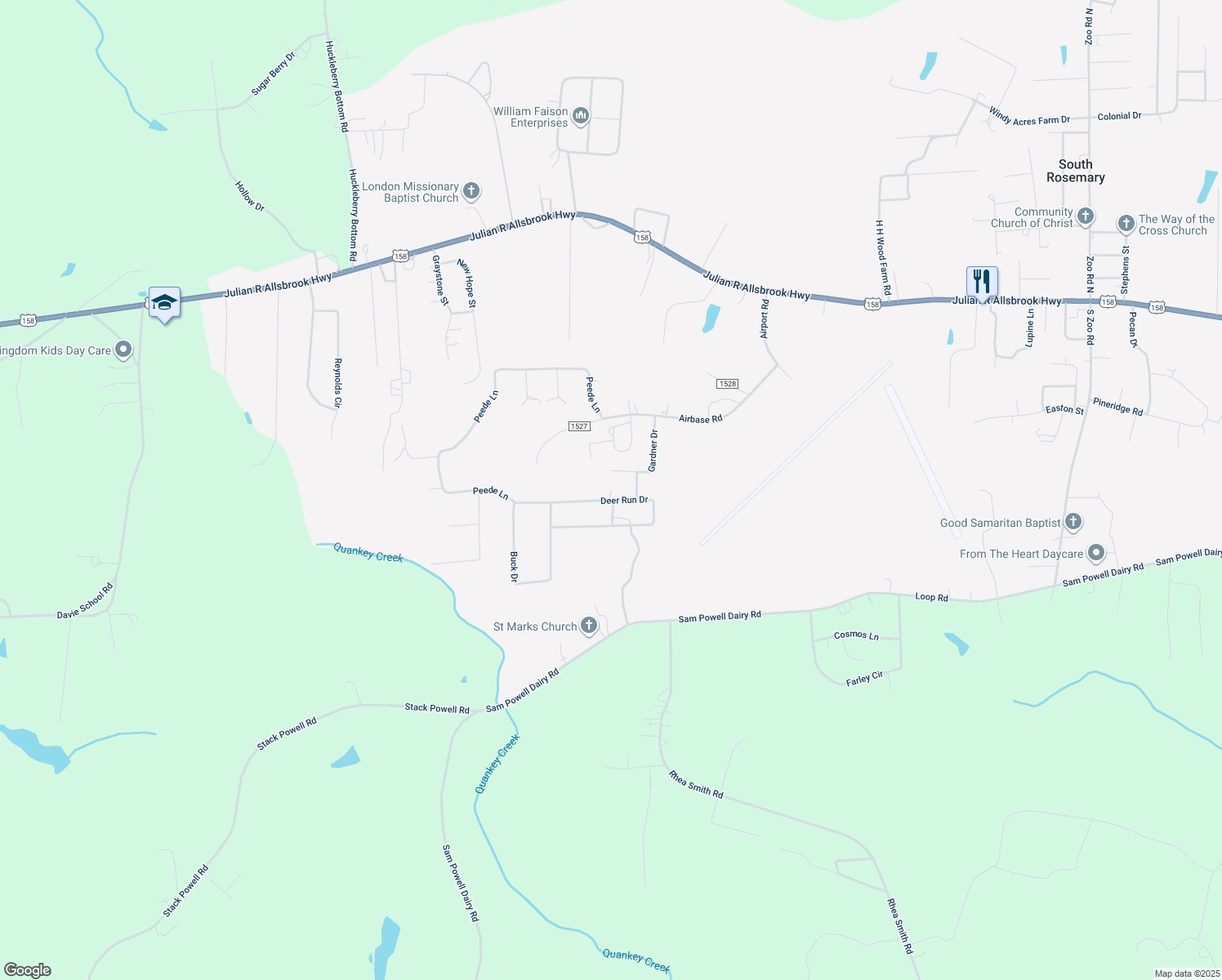 map of restaurants, bars, coffee shops, grocery stores, and more near 285 Deer Run Drive in Roanoke Rapids