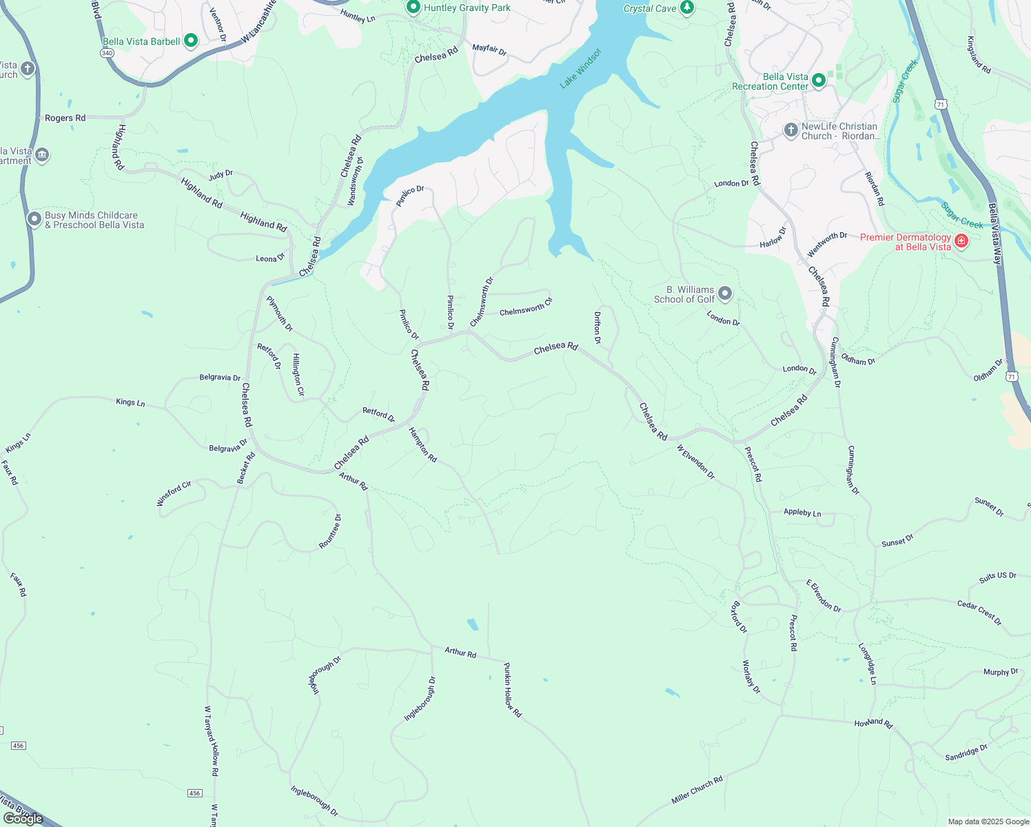 map of restaurants, bars, coffee shops, grocery stores, and more near 34 Devonshire Drive in Bella Vista