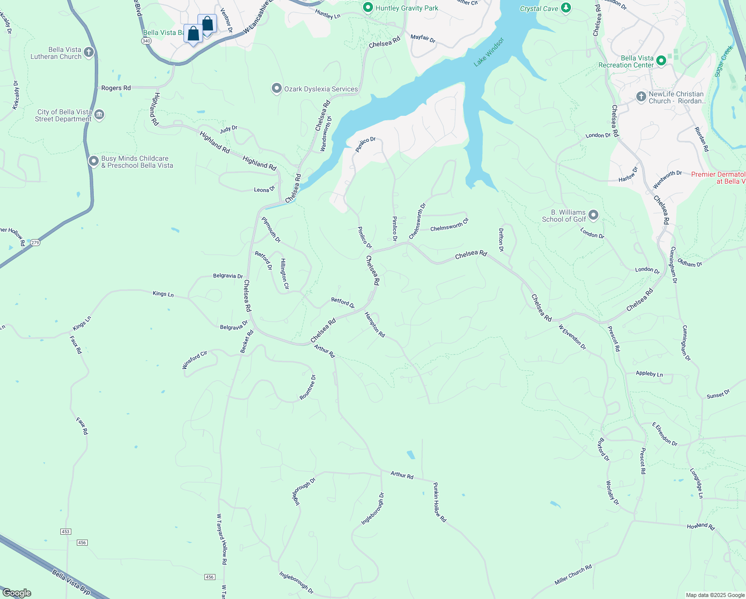 map of restaurants, bars, coffee shops, grocery stores, and more near 5 Downham Lane in Bella Vista