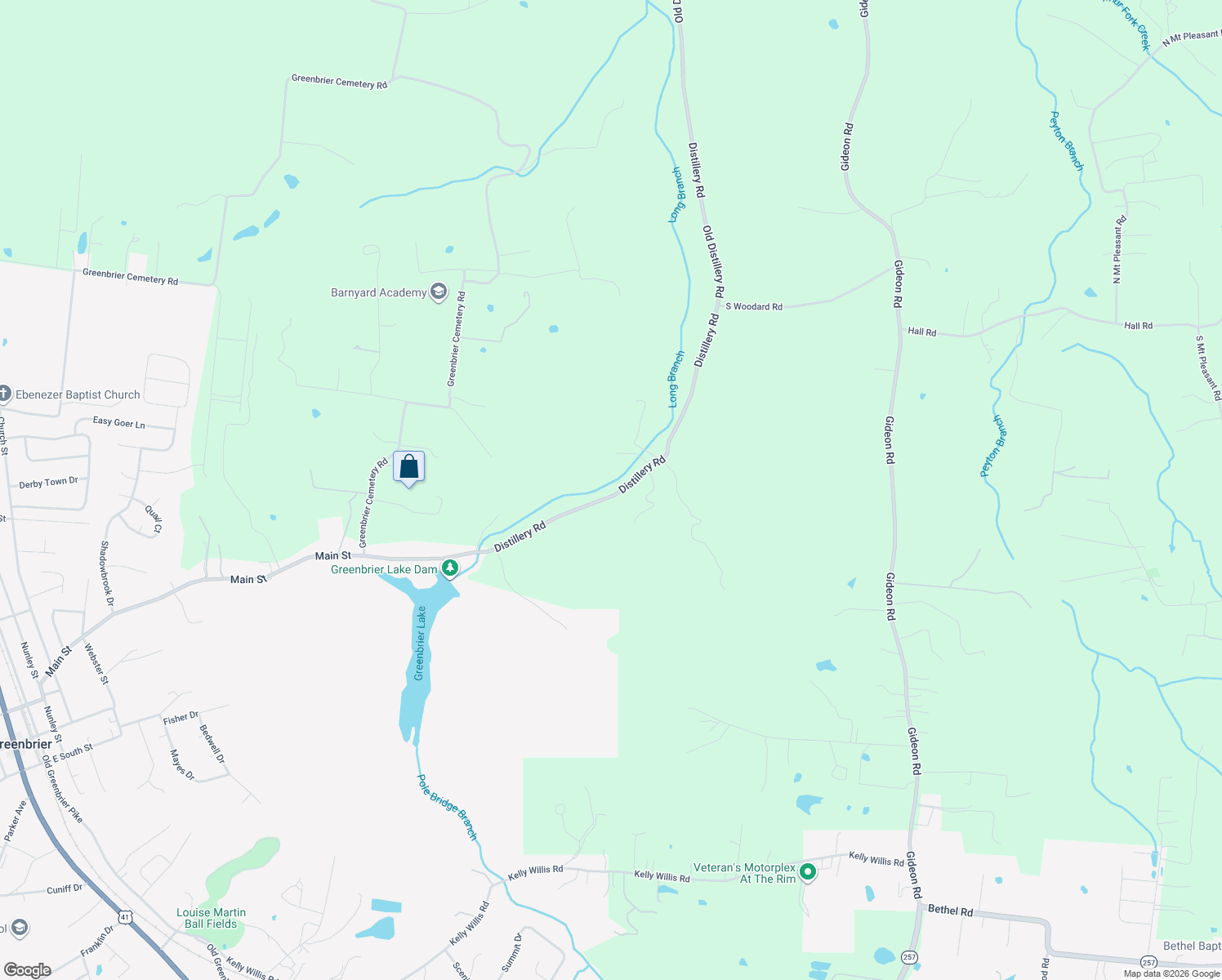 map of restaurants, bars, coffee shops, grocery stores, and more near 2614 Distillery Road in Greenbrier