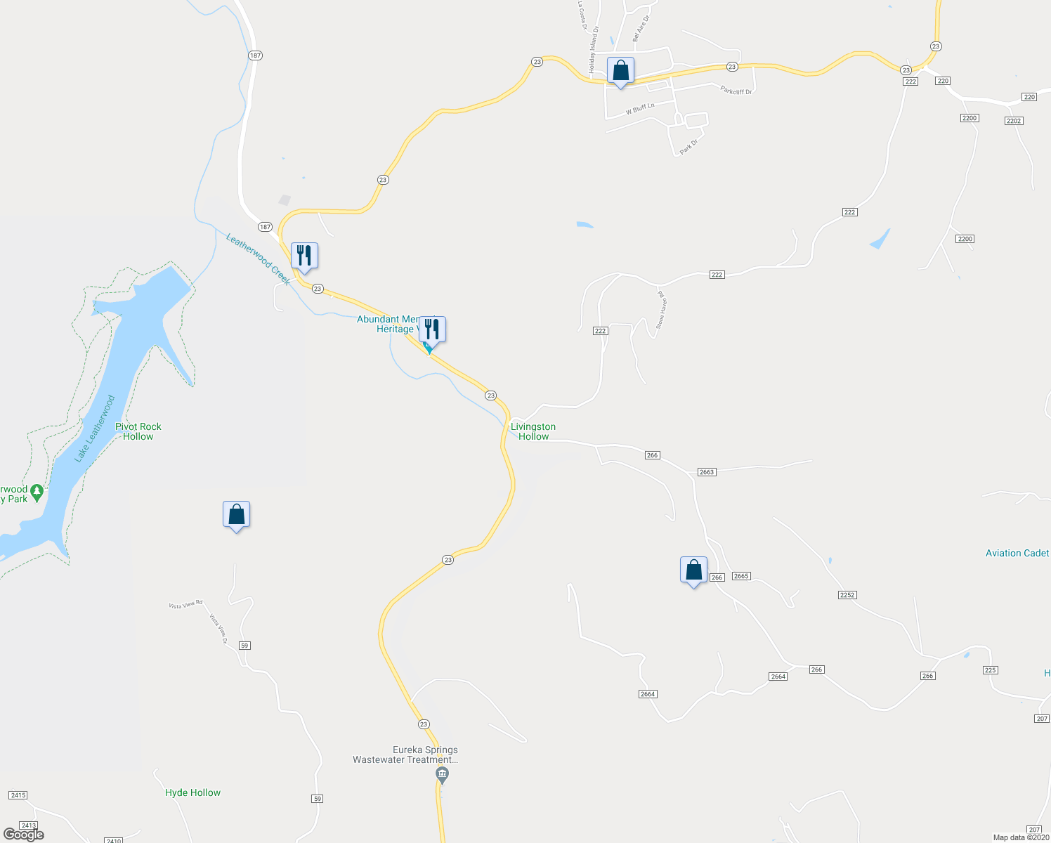 map of restaurants, bars, coffee shops, grocery stores, and more near County Road 222 in Eureka Springs