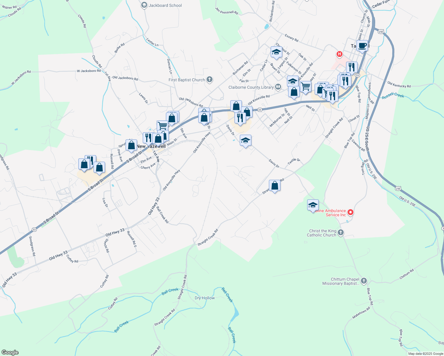 map of restaurants, bars, coffee shops, grocery stores, and more near 403 Parkview Cir in New Tazewell