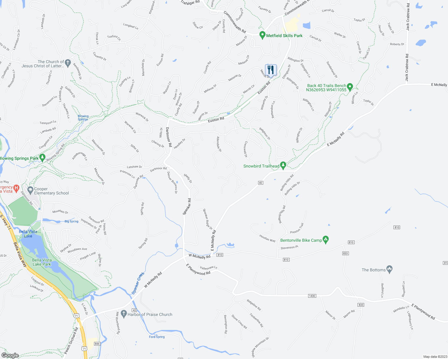 map of restaurants, bars, coffee shops, grocery stores, and more near 3 Eltisey Lane in Bella Vista