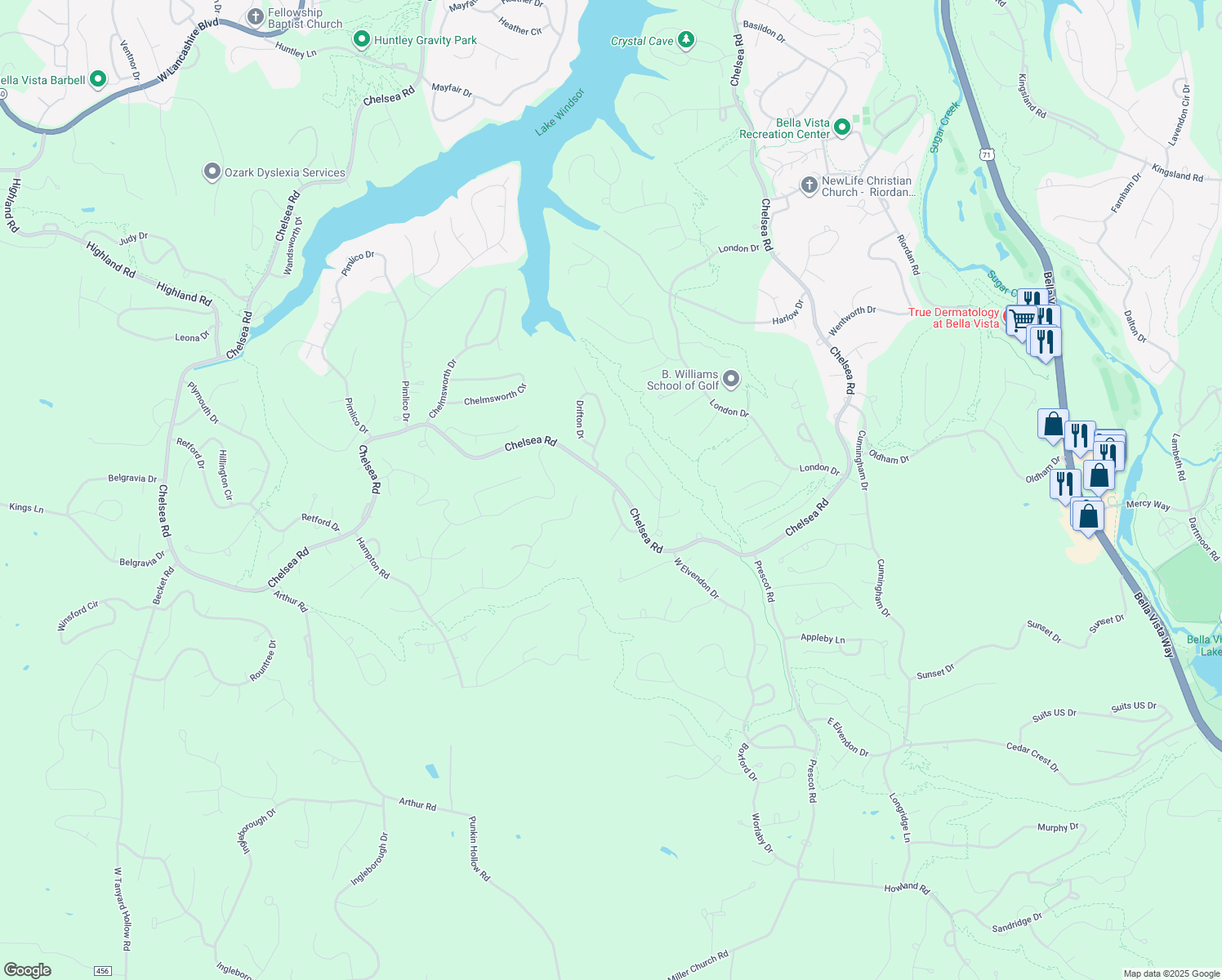 map of restaurants, bars, coffee shops, grocery stores, and more near 20 Ludlow Circle in Bella Vista