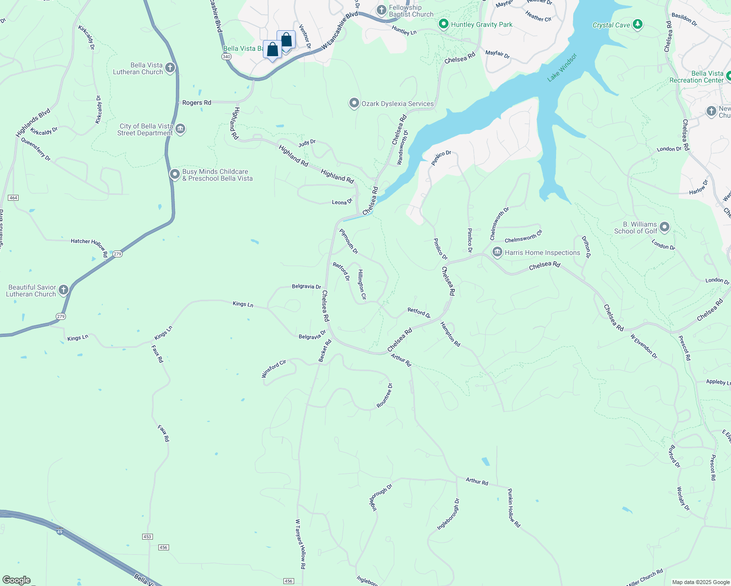 map of restaurants, bars, coffee shops, grocery stores, and more near 6 Hillington Circle in Bella Vista