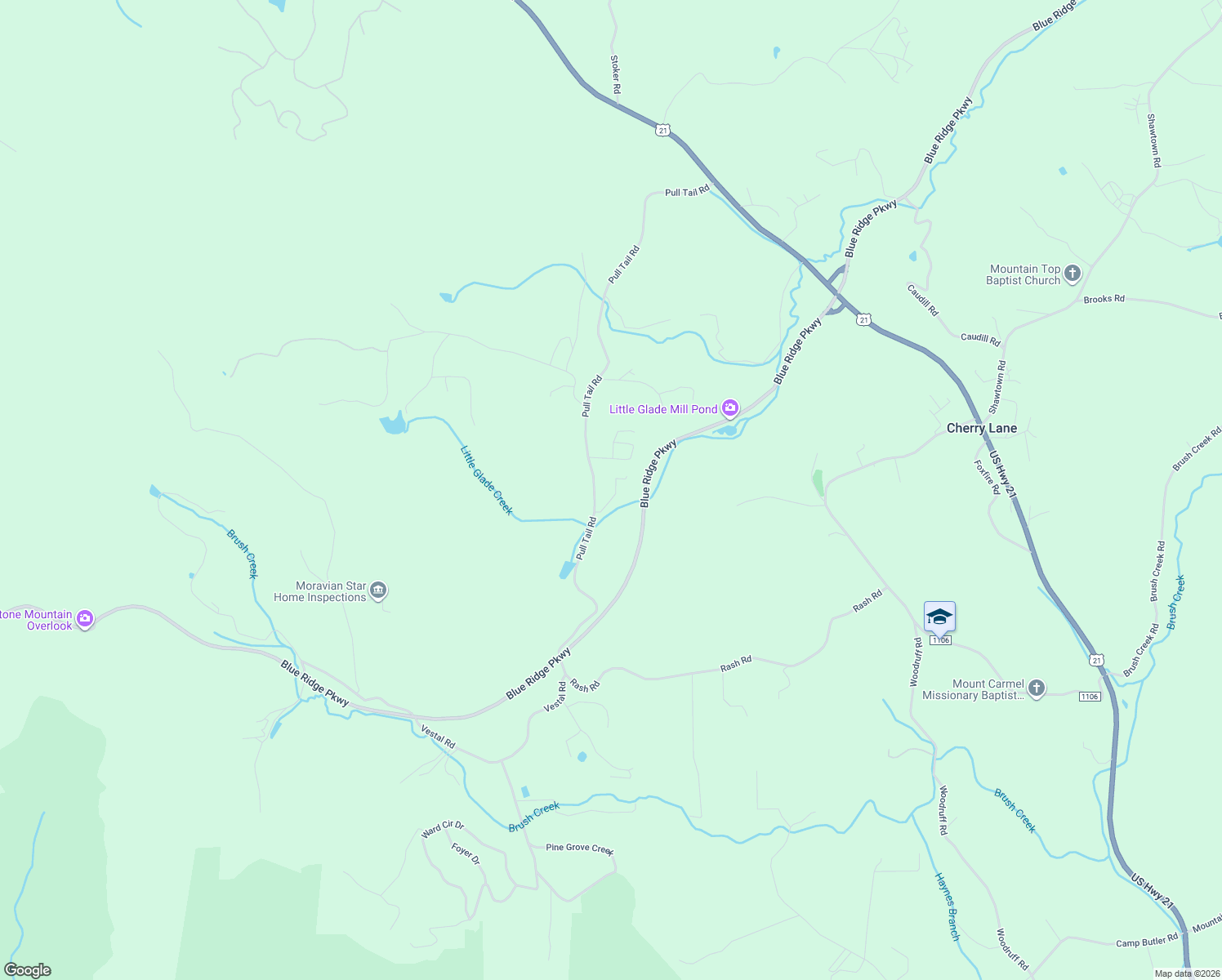 map of restaurants, bars, coffee shops, grocery stores, and more near 97 Little Creek Lane in Glade Valley
