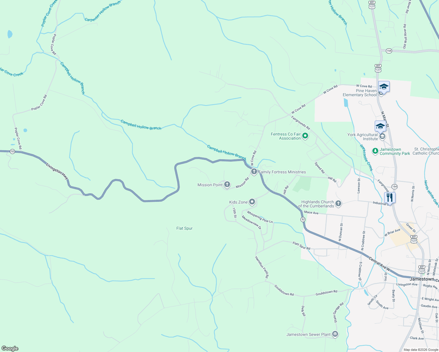 map of restaurants, bars, coffee shops, grocery stores, and more near 105 Charity Lane in Jamestown