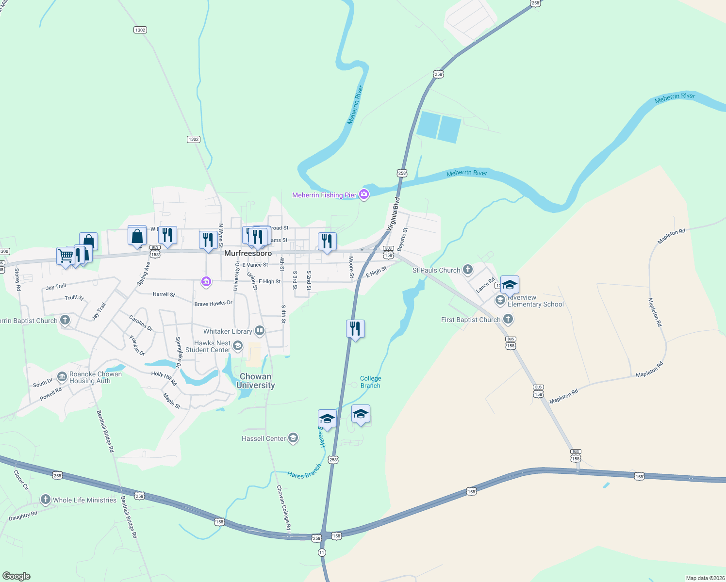 map of restaurants, bars, coffee shops, grocery stores, and more near 305 Beechwood Boulevard in Murfreesboro