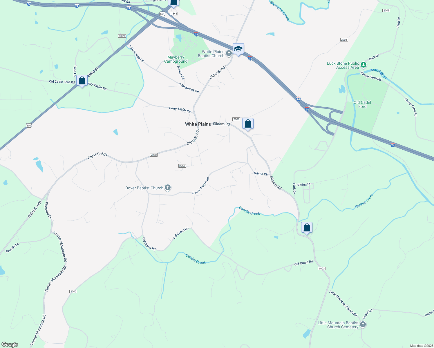 map of restaurants, bars, coffee shops, grocery stores, and more near 402 Dover Church Road in Mount Airy