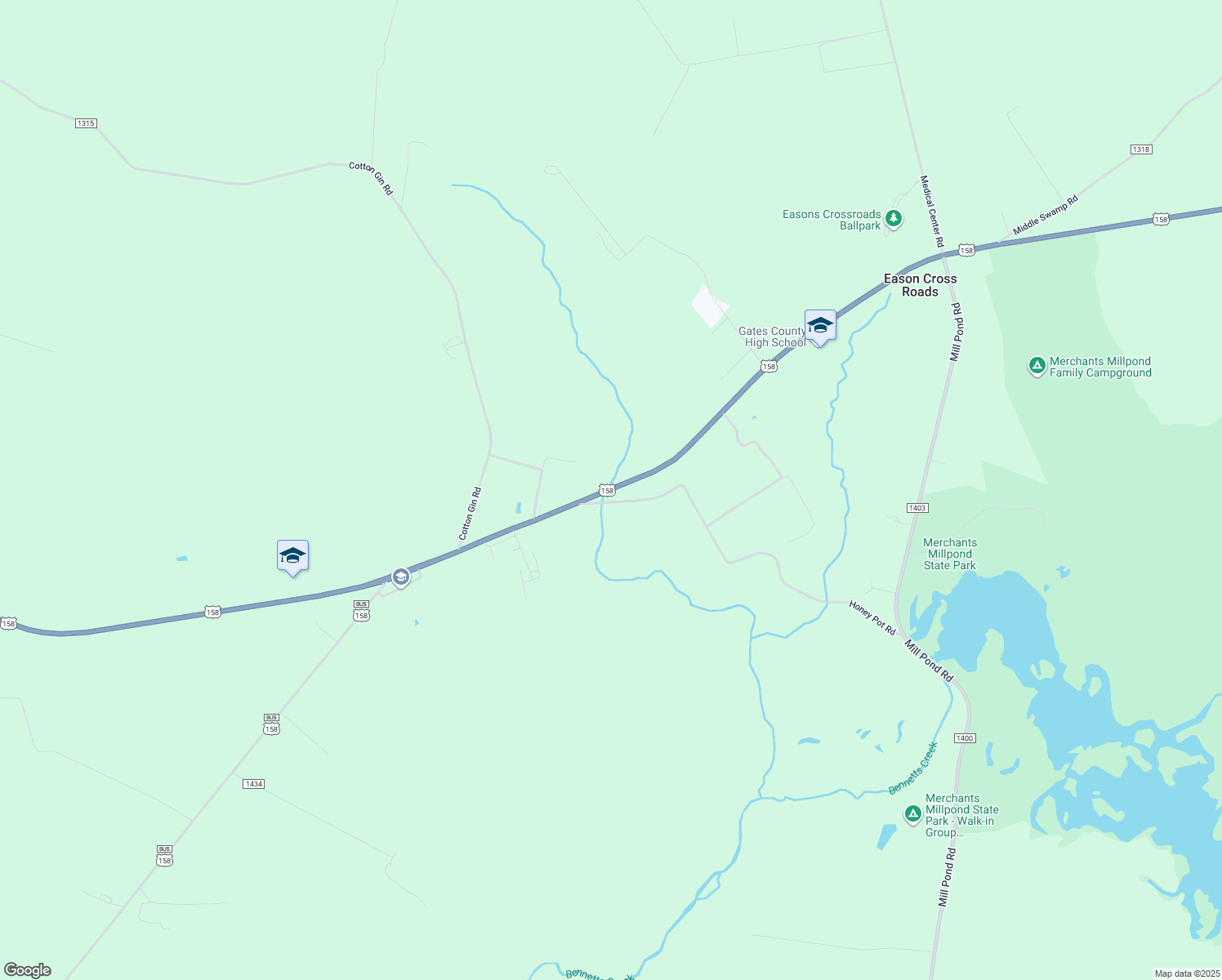 map of restaurants, bars, coffee shops, grocery stores, and more near U.S. 158 in Gates