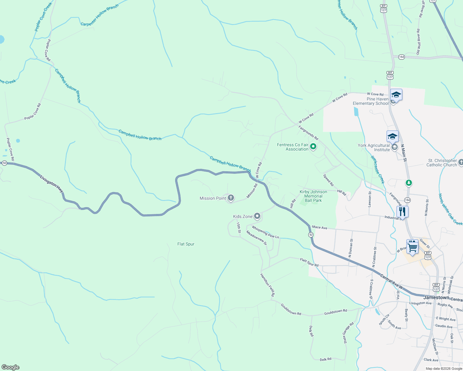 map of restaurants, bars, coffee shops, grocery stores, and more near 111 Charity Lane in Jamestown