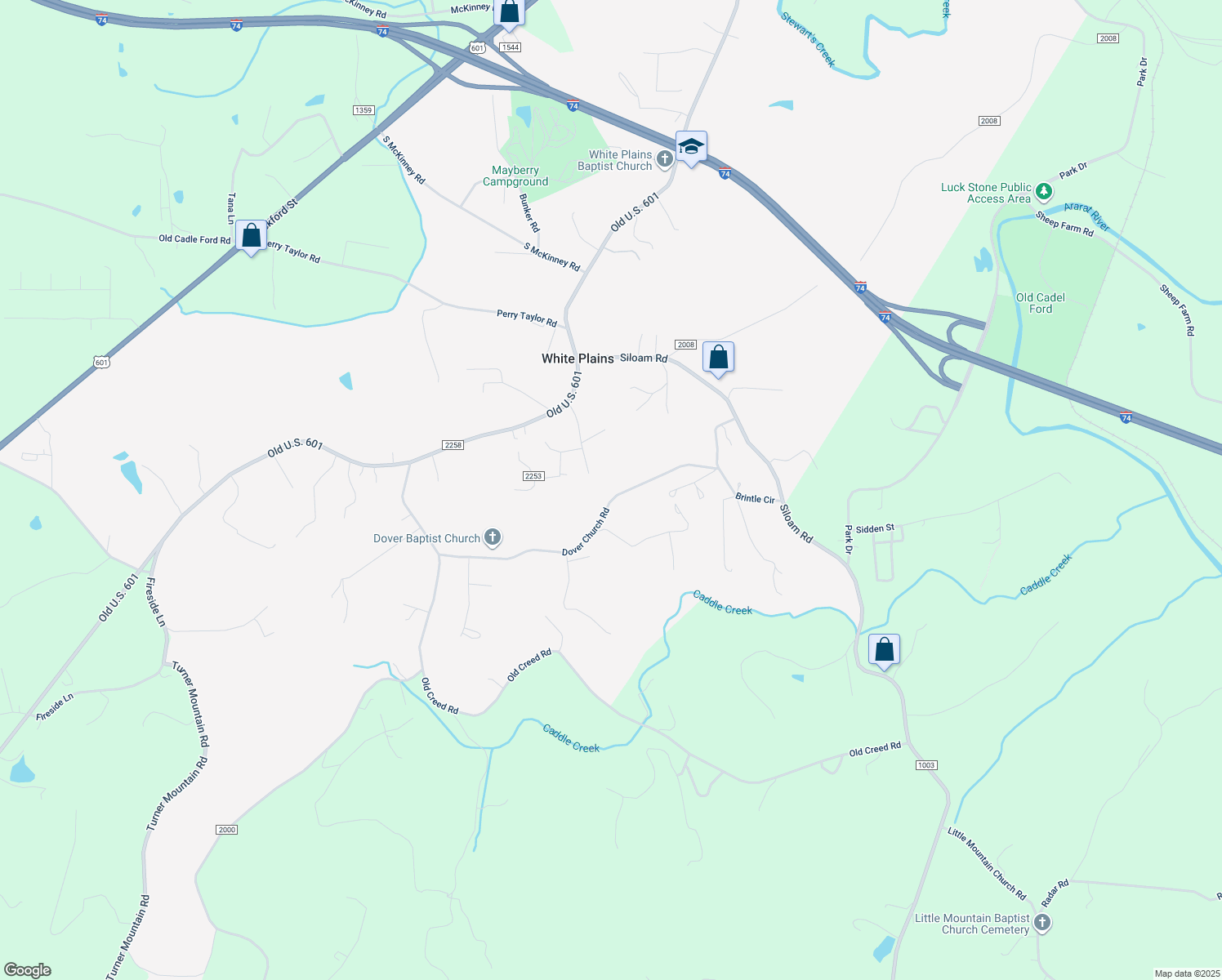 map of restaurants, bars, coffee shops, grocery stores, and more near 402 Dover Church Road in Mount Airy