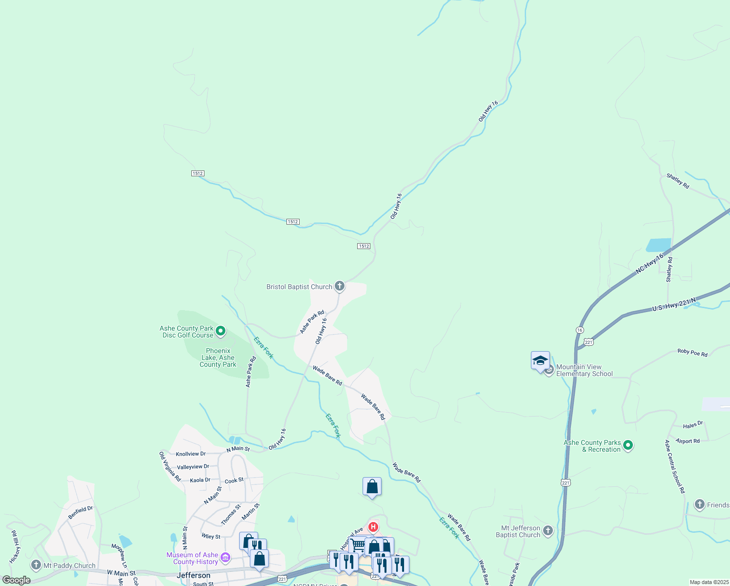 map of restaurants, bars, coffee shops, grocery stores, and more near 1834 Old Highway 16 in Jefferson