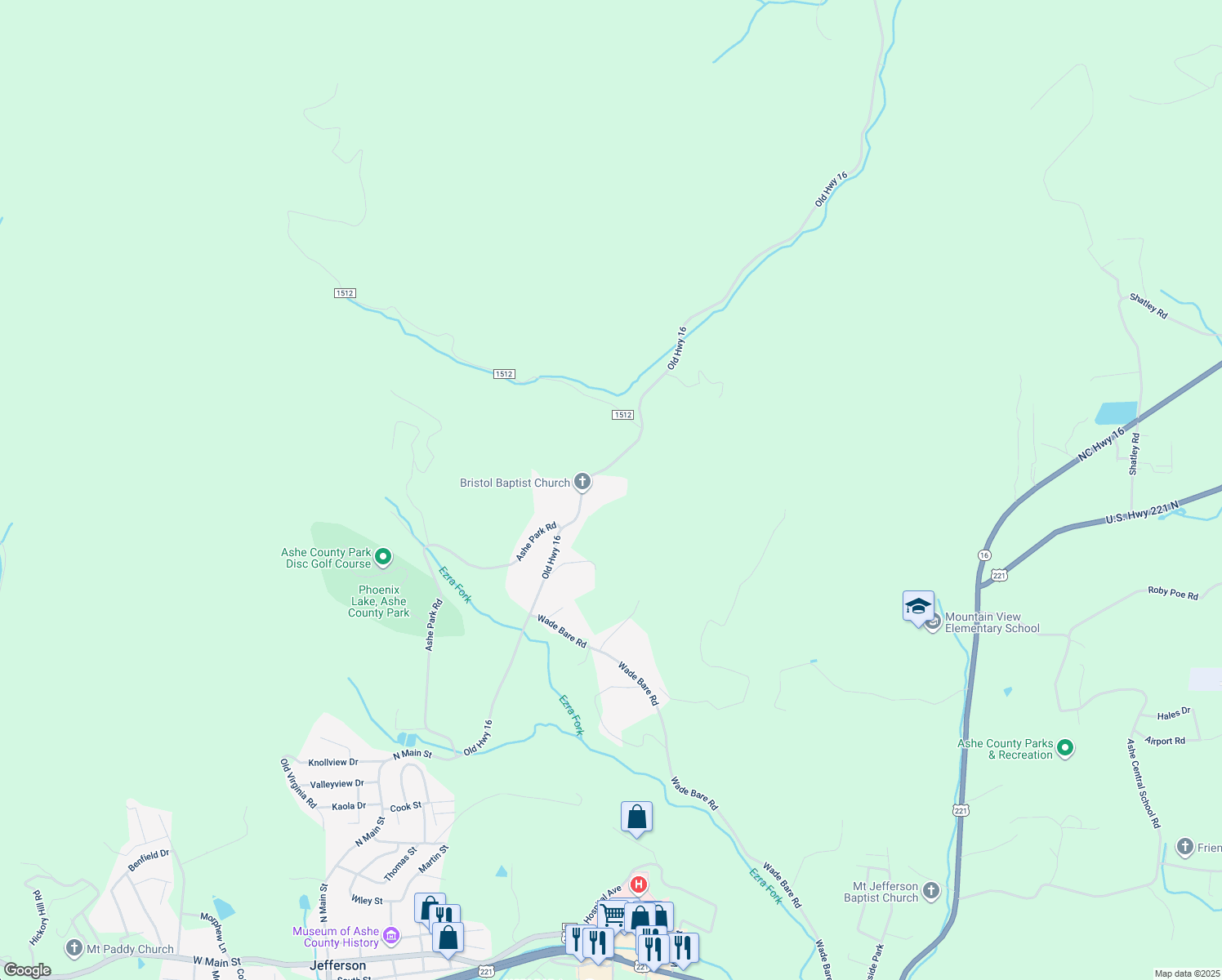 map of restaurants, bars, coffee shops, grocery stores, and more near 1834 Old Highway 16 in Jefferson