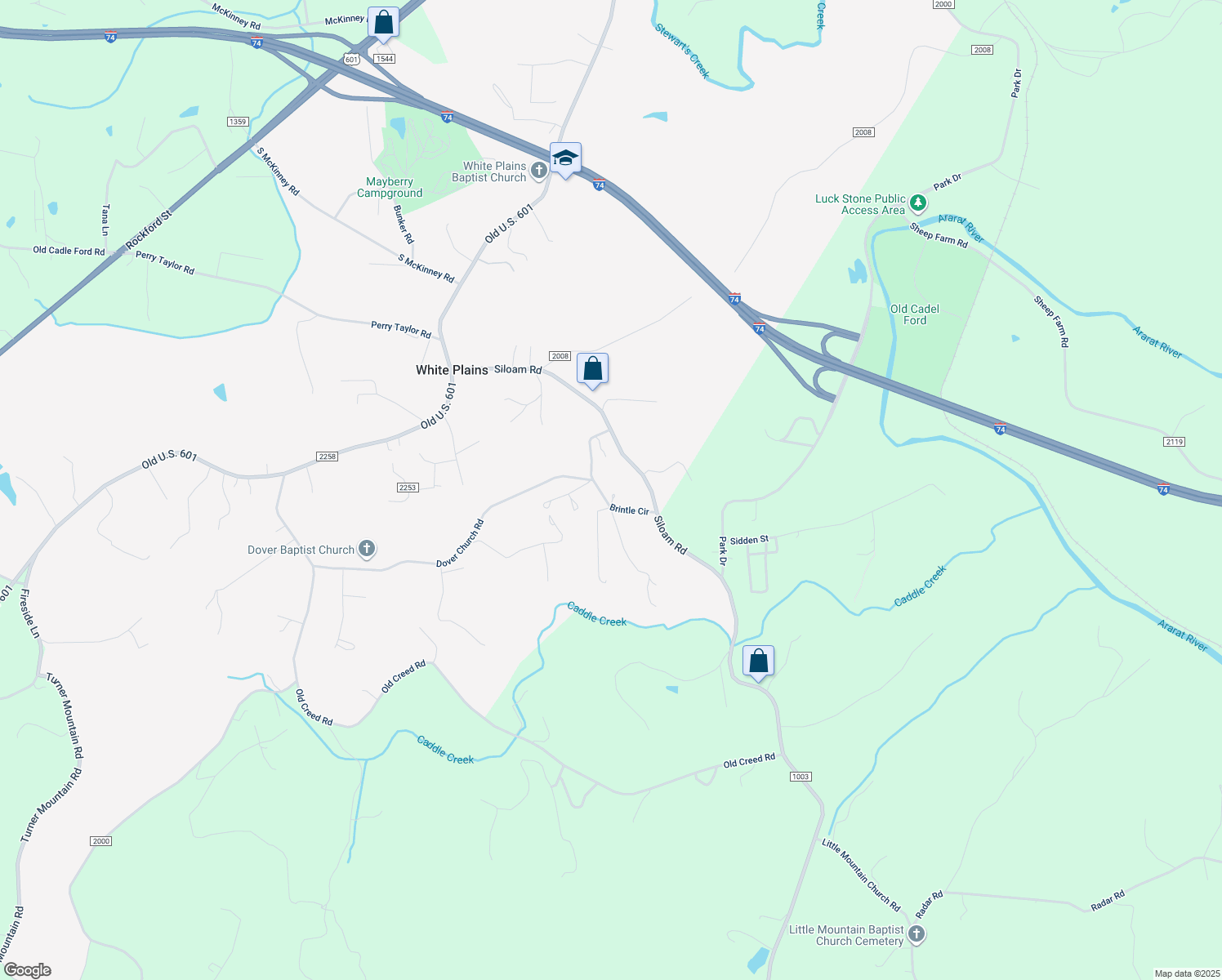 map of restaurants, bars, coffee shops, grocery stores, and more near 227 Brintle Circle in Mount Airy