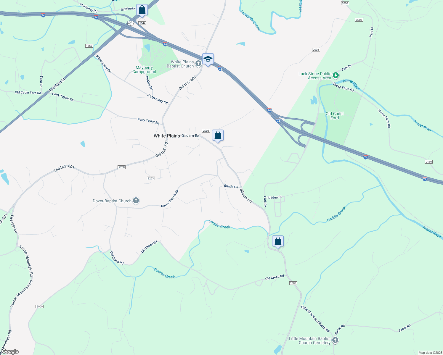 map of restaurants, bars, coffee shops, grocery stores, and more near 227 Brintle Circle in Mount Airy