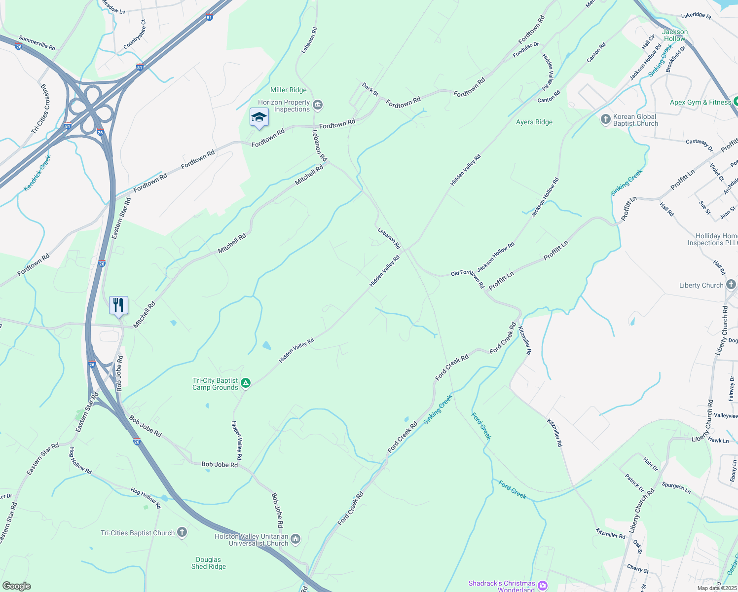 map of restaurants, bars, coffee shops, grocery stores, and more near 907 Hidden Valley Road in Kingsport