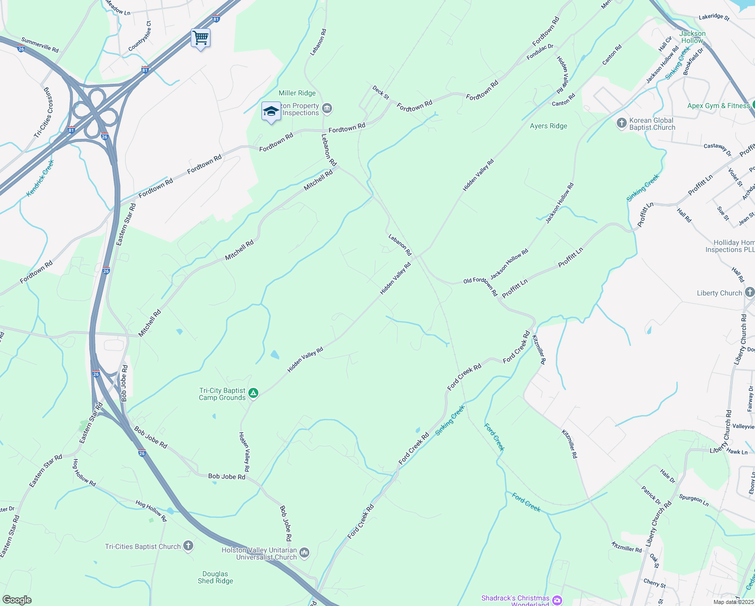 map of restaurants, bars, coffee shops, grocery stores, and more near 907 Hidden Valley Road in Kingsport