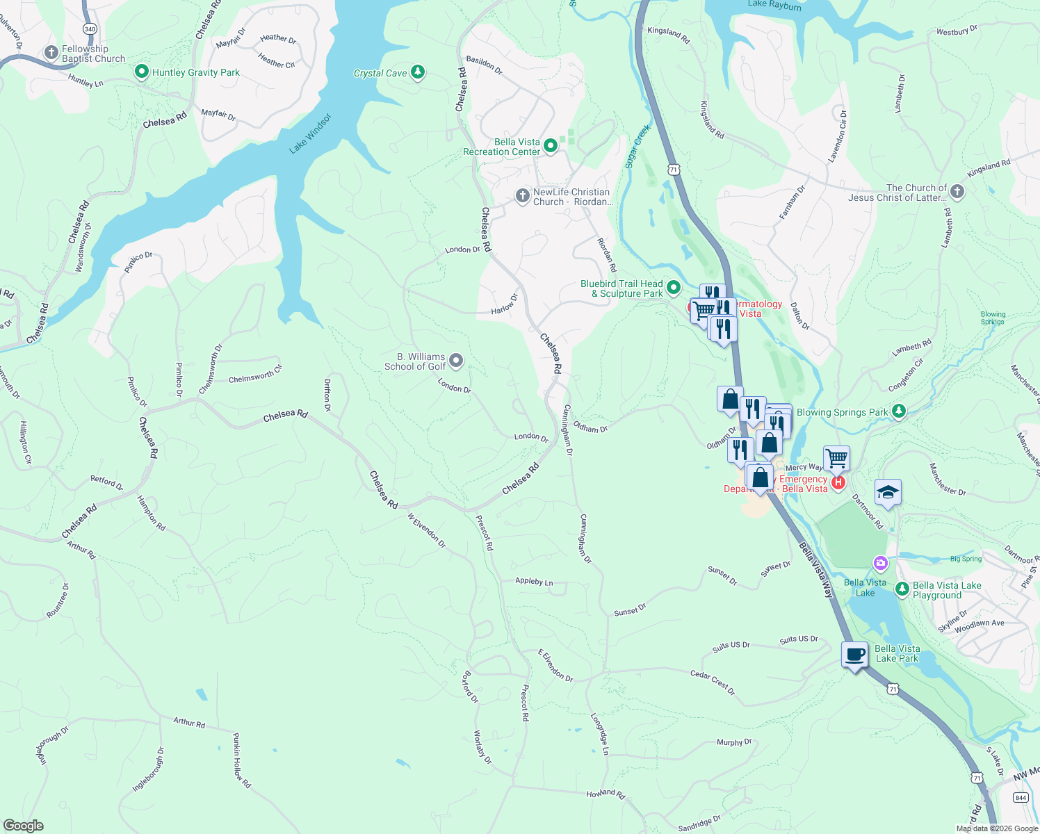 map of restaurants, bars, coffee shops, grocery stores, and more near 5 Runnymede Circle in Bella Vista