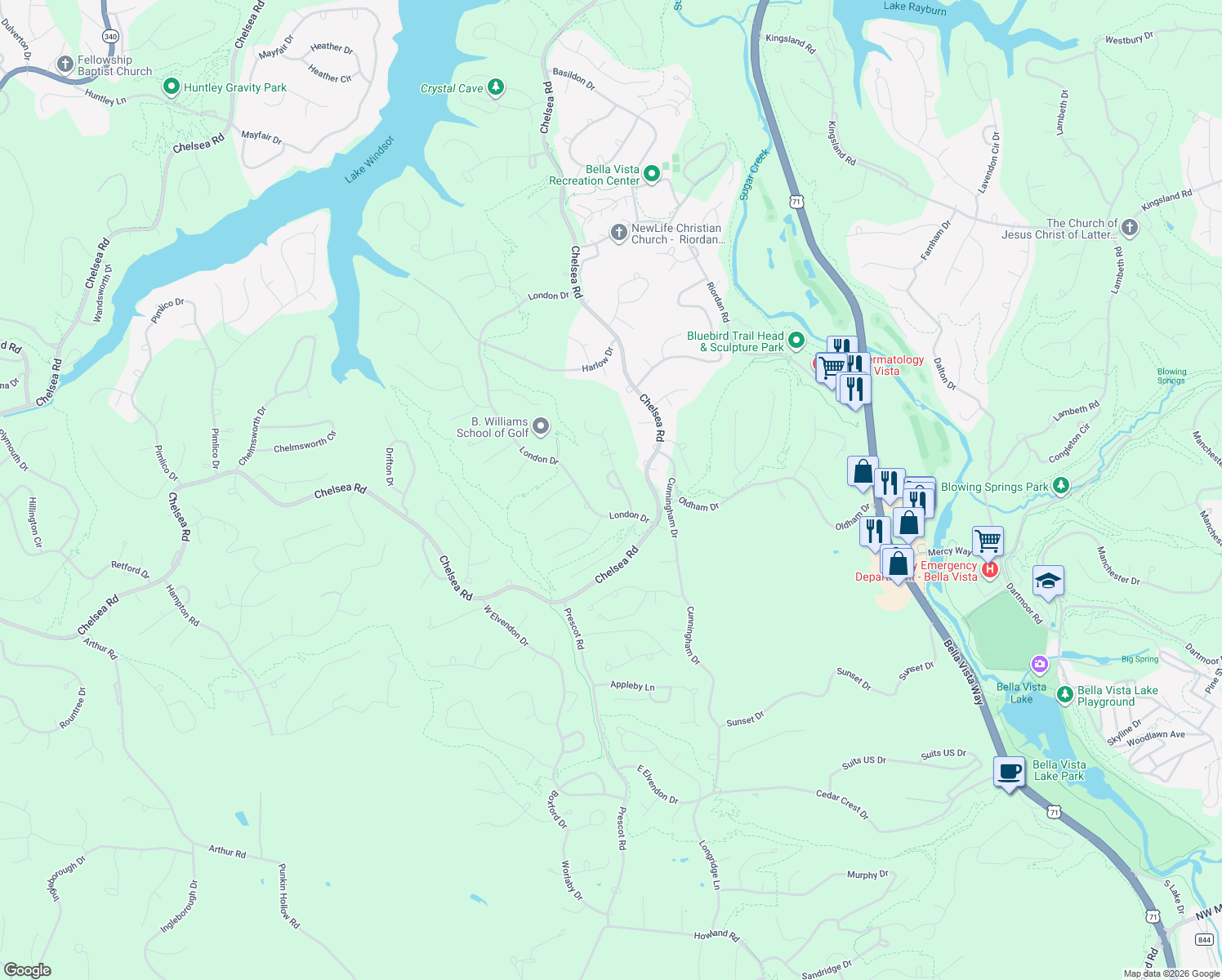 map of restaurants, bars, coffee shops, grocery stores, and more near 5 Runnymede Circle in Bella Vista