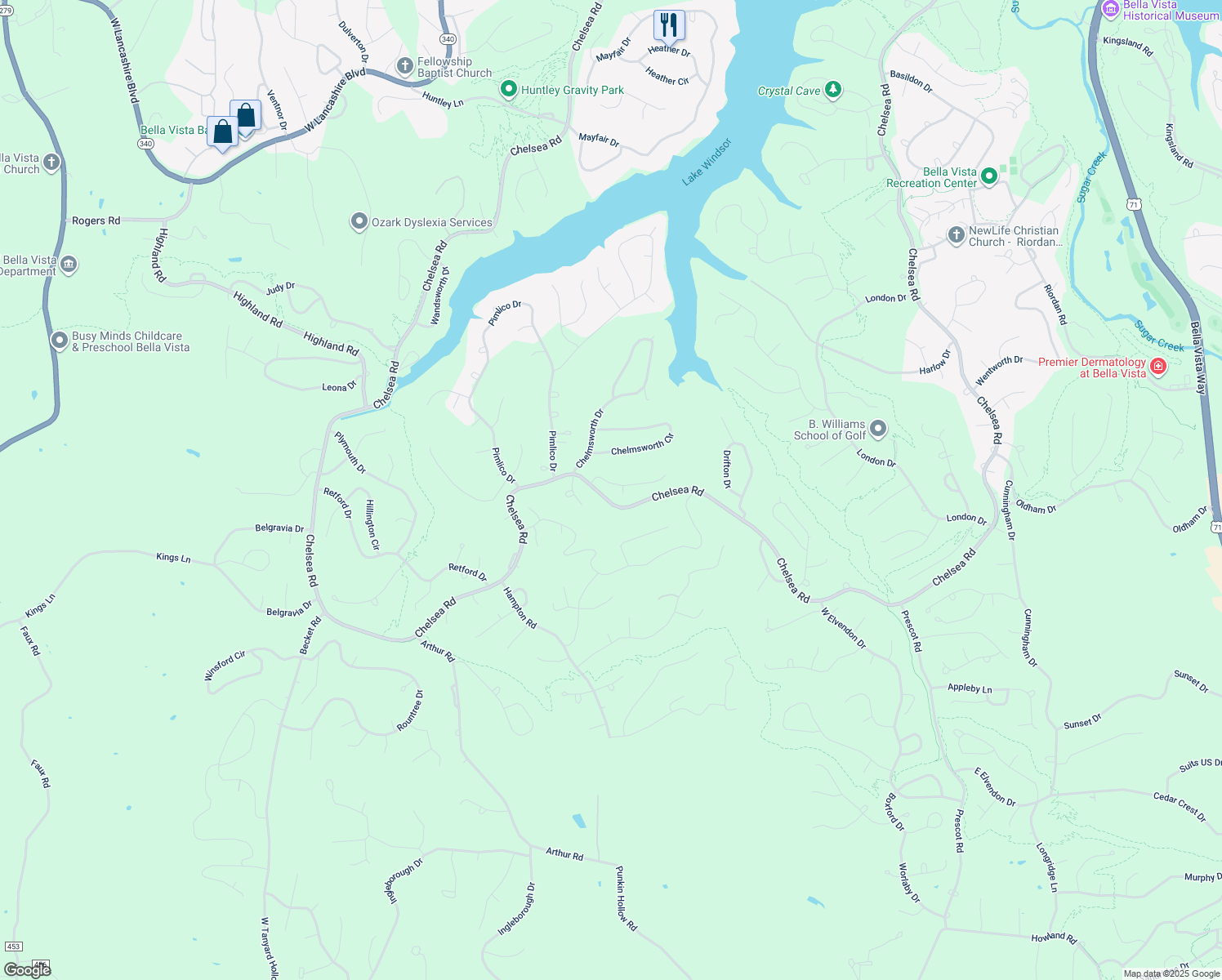 map of restaurants, bars, coffee shops, grocery stores, and more near 2 Brierton Circle in Bella Vista