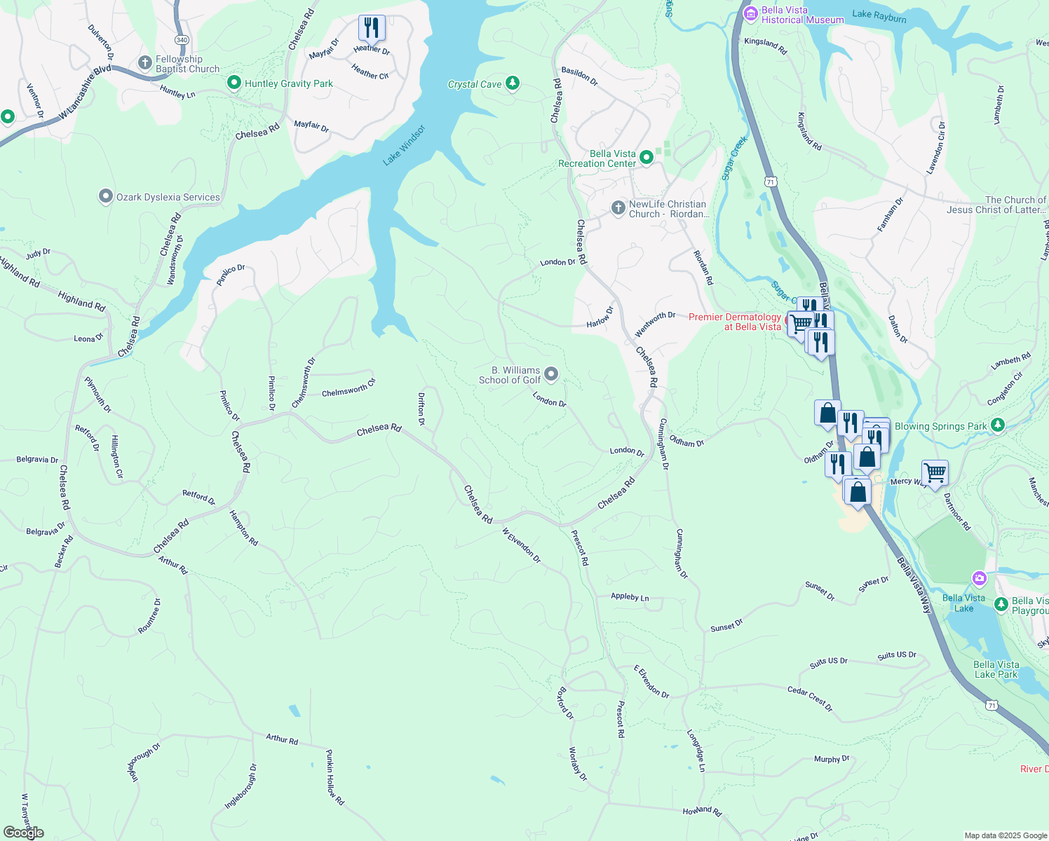 map of restaurants, bars, coffee shops, grocery stores, and more near 4 Silverton Lane in Bella Vista