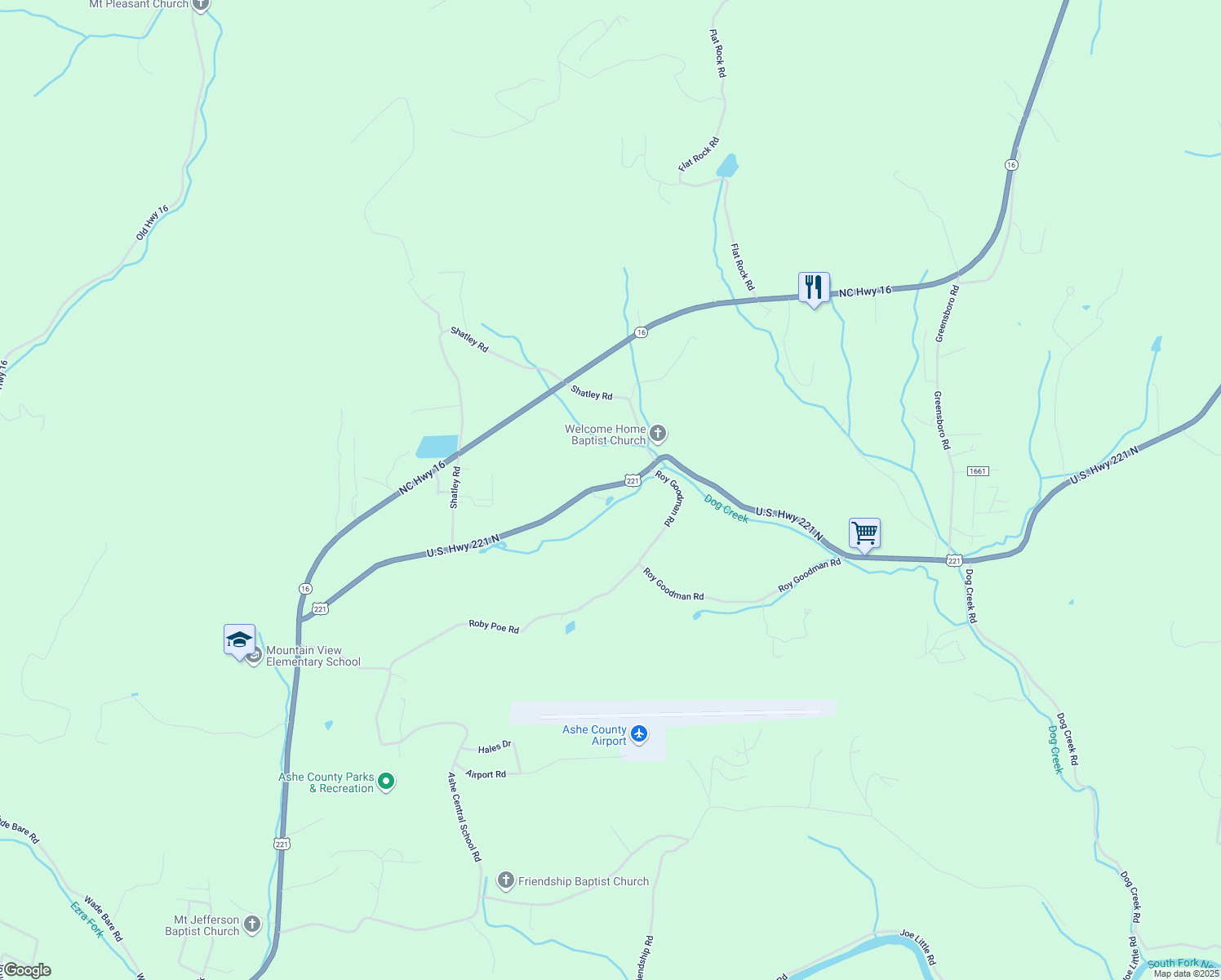 map of restaurants, bars, coffee shops, grocery stores, and more near 3906 U.S. Highway 221 North in Crumpler